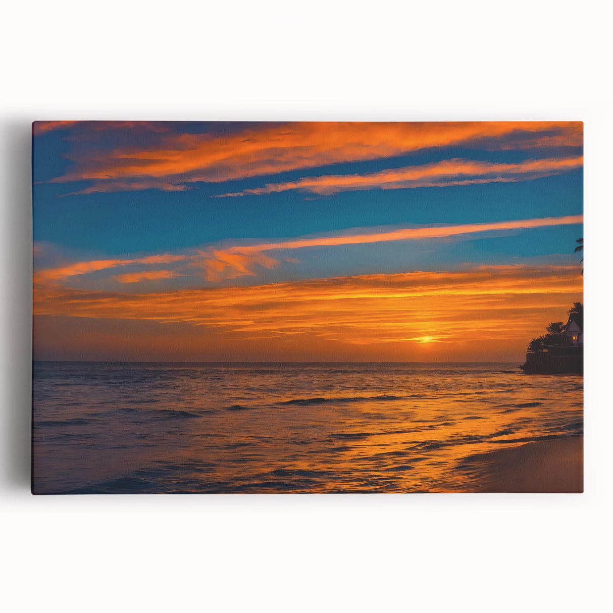 Stretched canvas wall art featuring a vibrant landscape design, showcasing a colorful sunset over rolling hills, ideal for home decor. Perfect for adding warmth and character to any space.