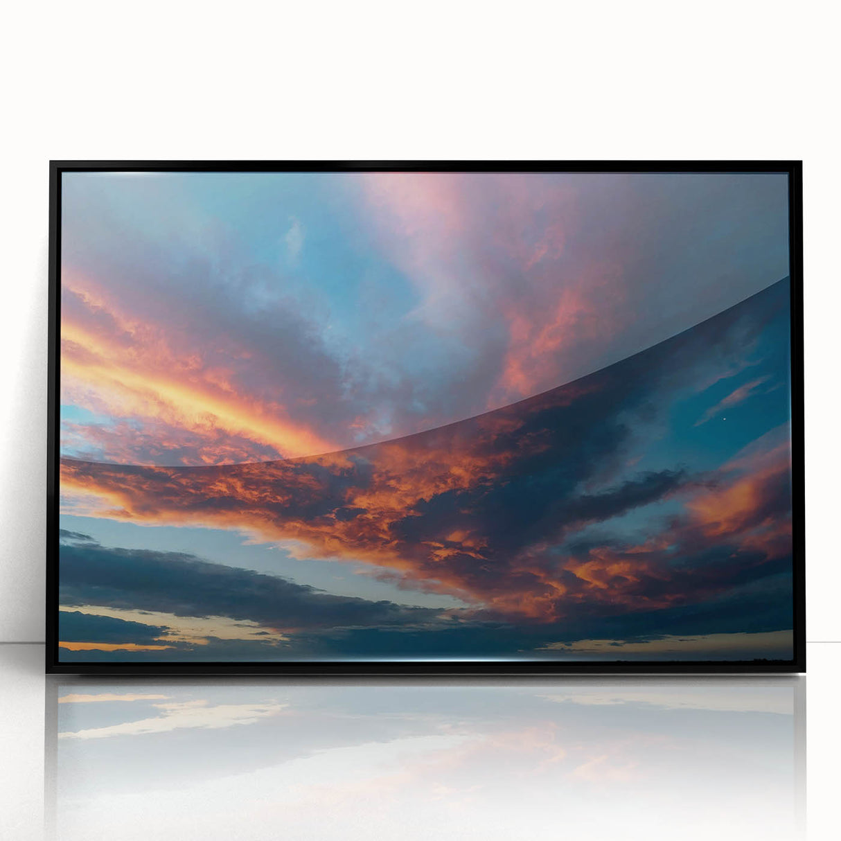 Framed wall art piece showcasing a vibrant landscapes and skyscapes design, featuring a sleek black frame that enhances the artwork's colors, perfect for home decor.