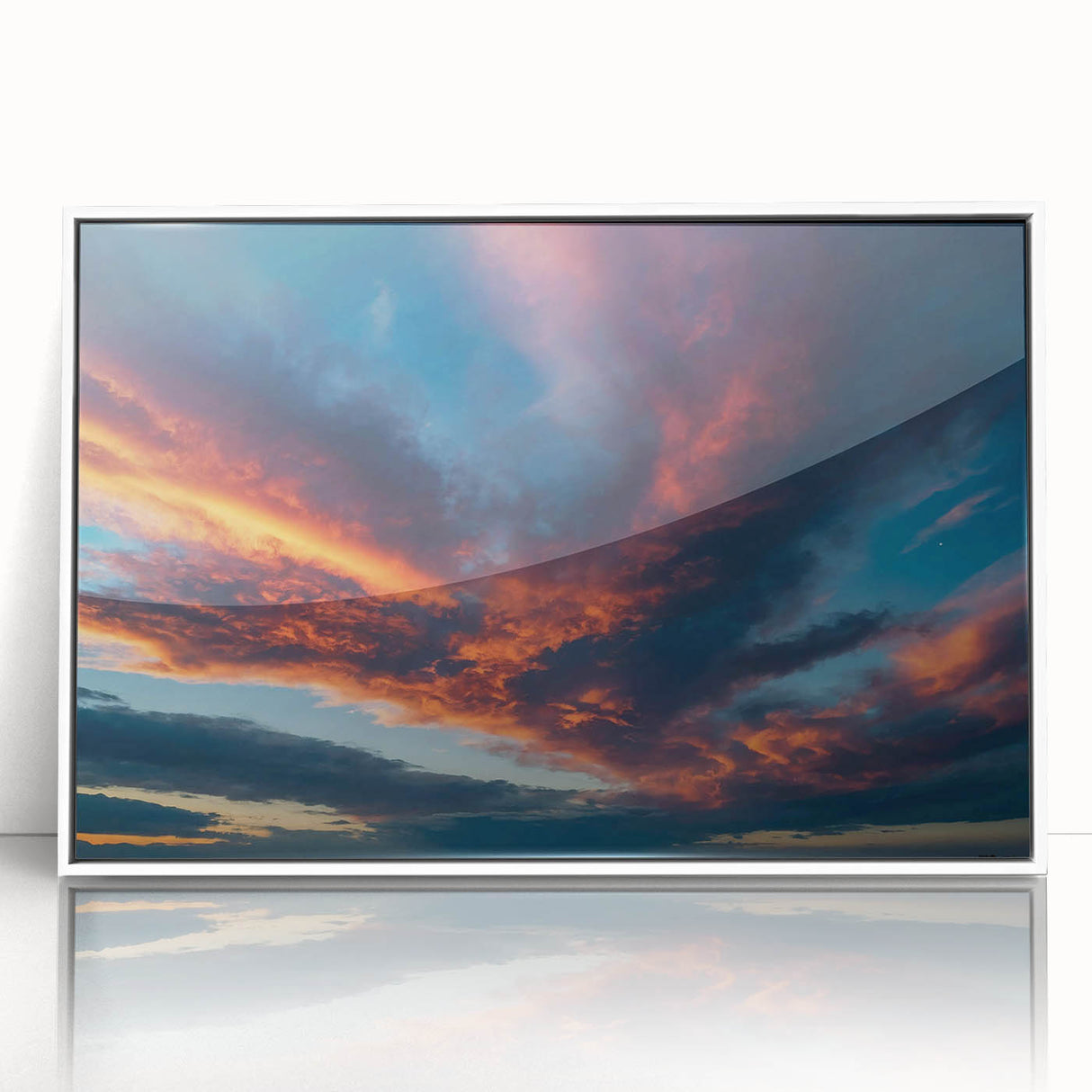 Framed wall art featuring a vibrant landscapes and skyscapes design, showcasing a colorful abstract scene in an elegant white frame, perfect for home decor.