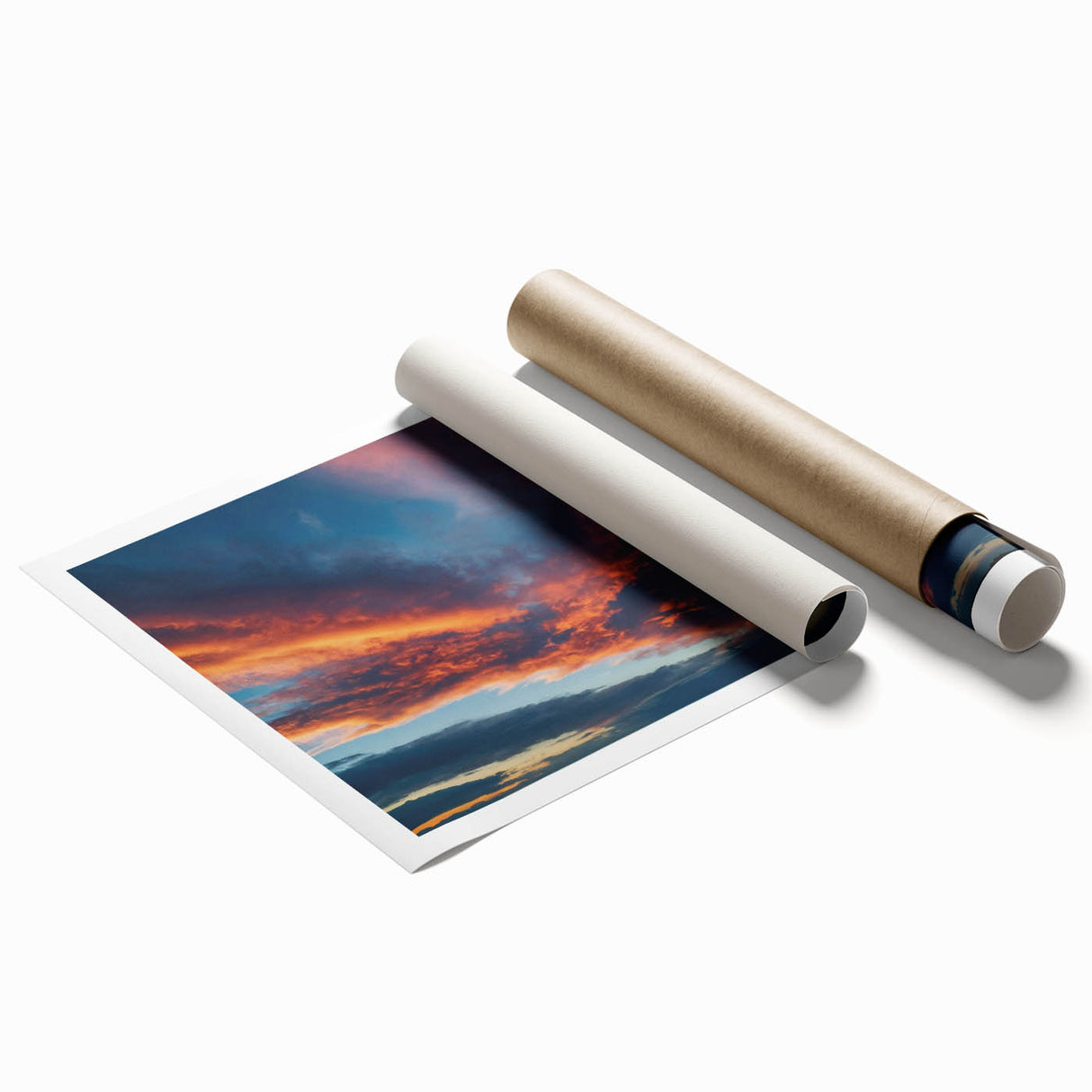 Vibrant rolled print of a serene landscape featuring a colorful sunset over rolling hills, perfect for home decor. Ideal for nature lovers and art enthusiasts.