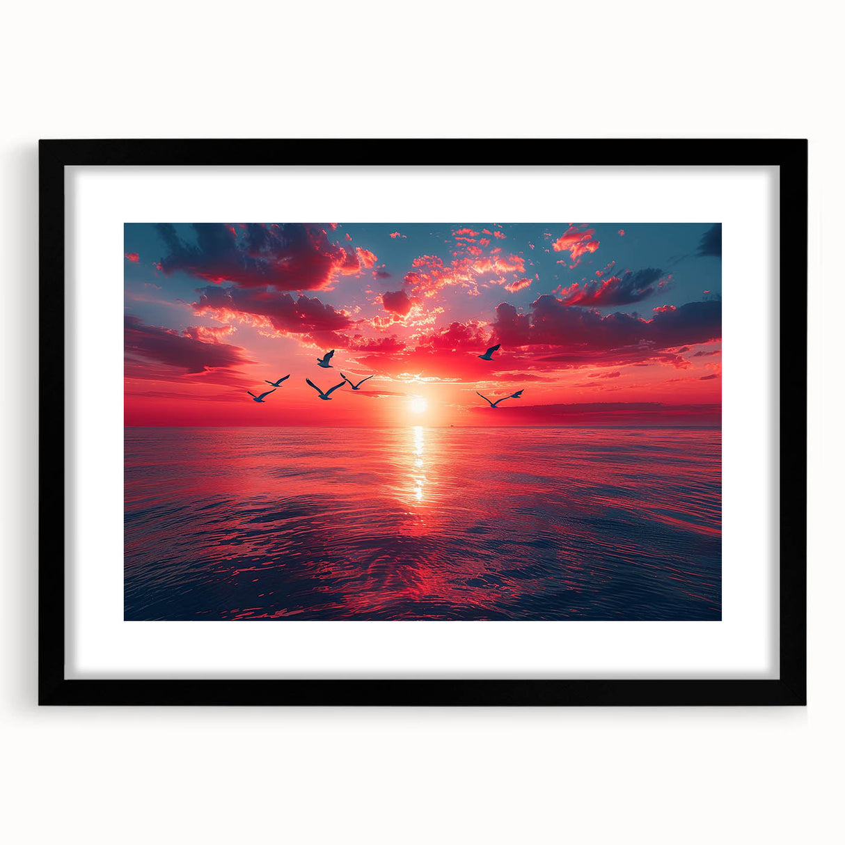 Black-framed wall art featuring a serene landscape and skyscape design, elegantly displayed with a mat, perfect for enhancing modern home decor.