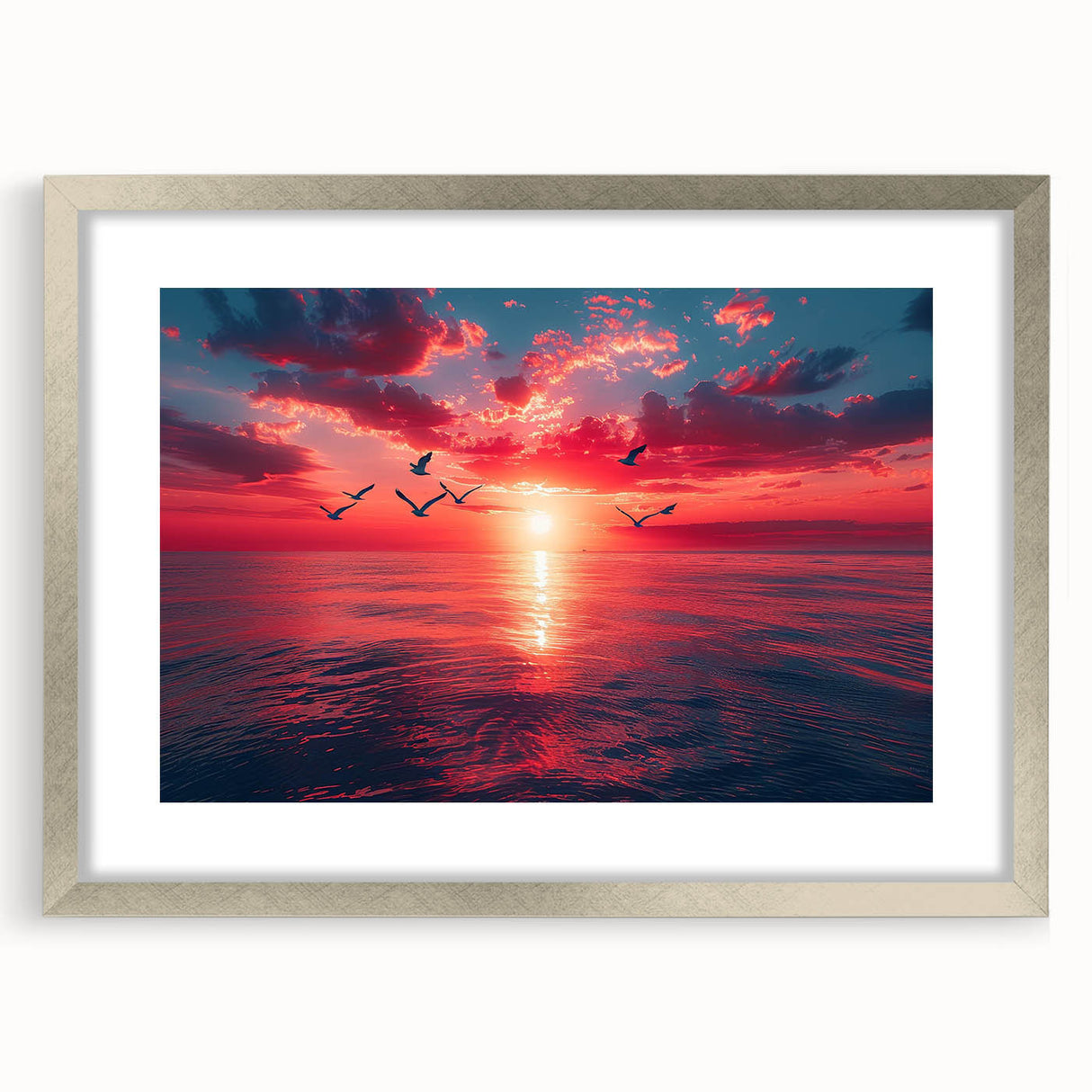 Framed wall art collection showcasing a stunning landscape and skyscape design, featuring a sleek silver frame and decorative mat, perfect for home decor.