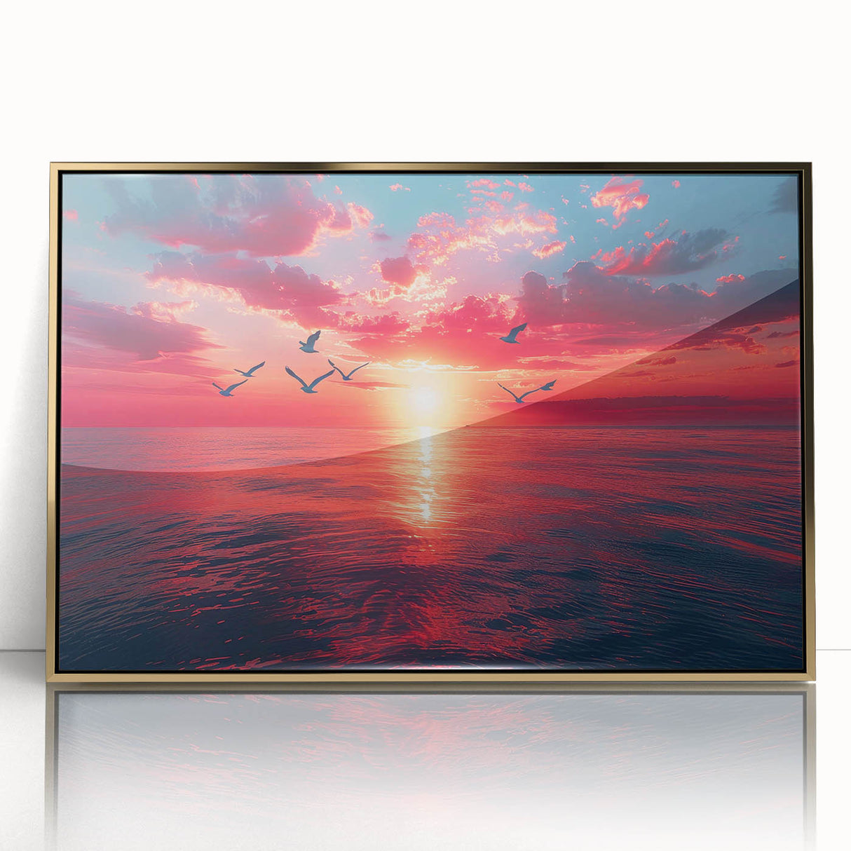 Framed acrylic wall art piece showcasing a stunning landscape with vibrant colors, gold accents, and a modern design, perfect for home decor enhancement.