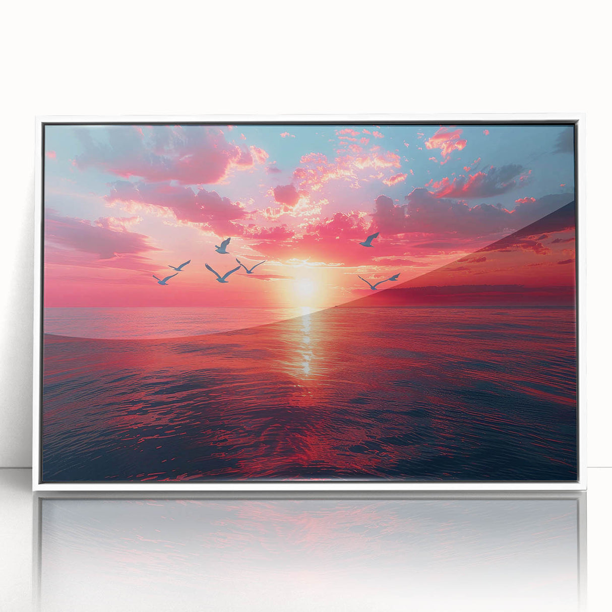 Framed wall art featuring a stunning landscape design, showcasing vibrant colors and dynamic skyscapes, set in a sleek white frame, perfect for modern decor.