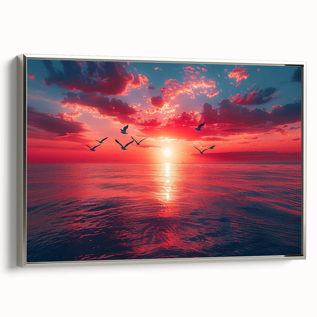 Framed canvas wall art showcasing a serene landscape and skyscape design with silver accents, perfect for modern home decor. Side view highlights the elegant frame and artistic details.