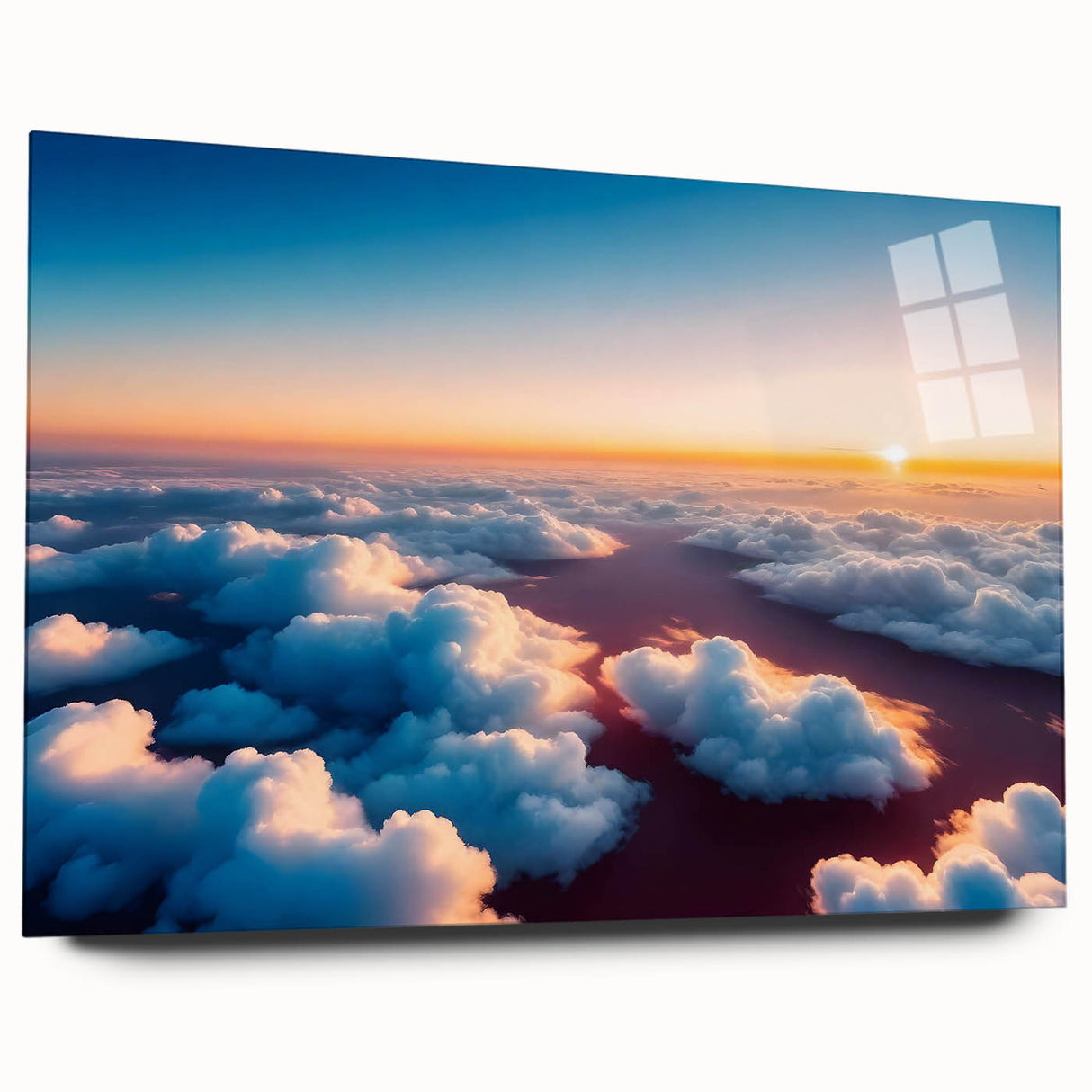 Acrylic glass wall art piece showcasing a vibrant landscape with dramatic skyscapes, featuring rich colors and detailed textures, perfect for modern decor.