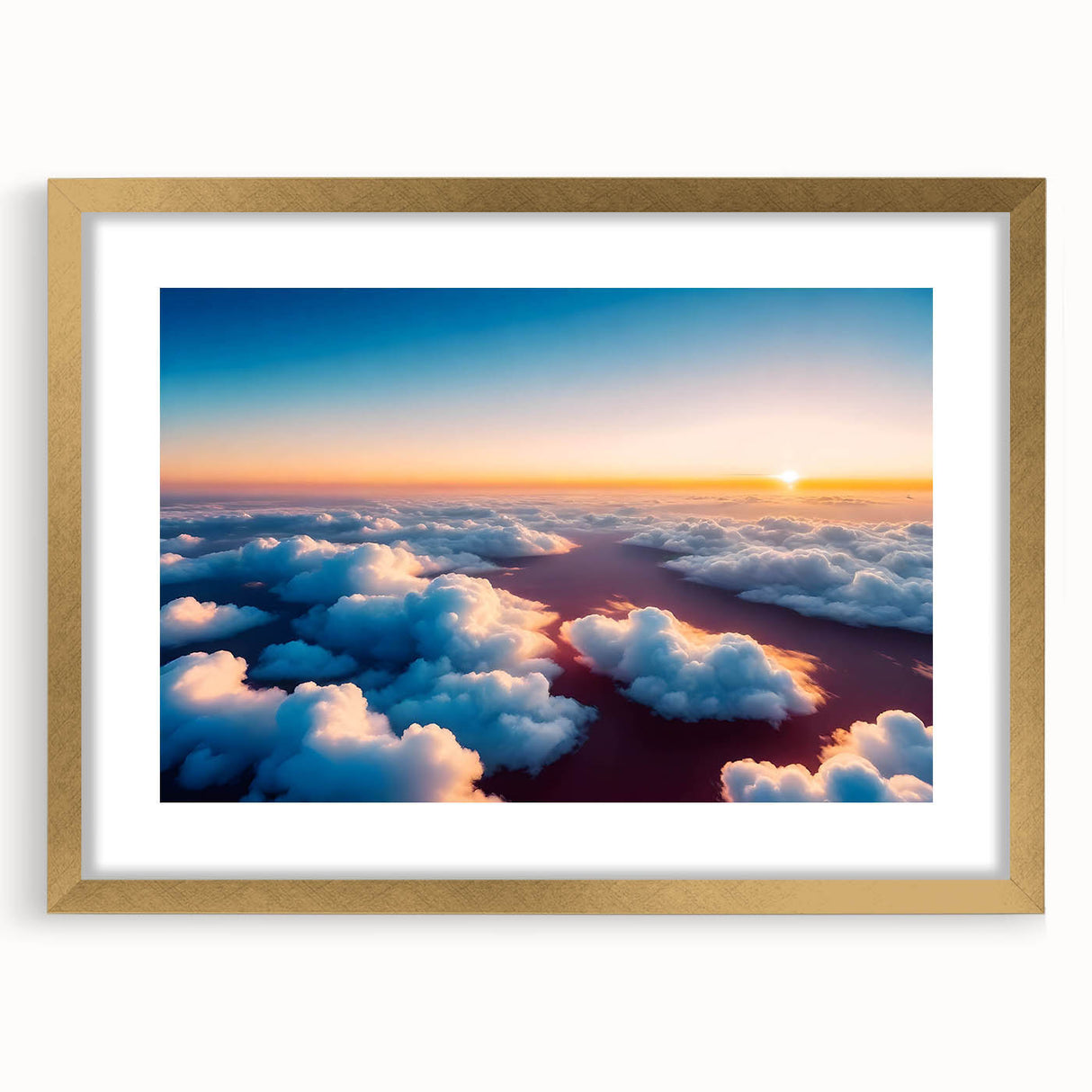 Elegant gold-framed wall art showcasing a serene landscape design with soft pastel colors, ideal for enhancing modern home decor and aesthetics.