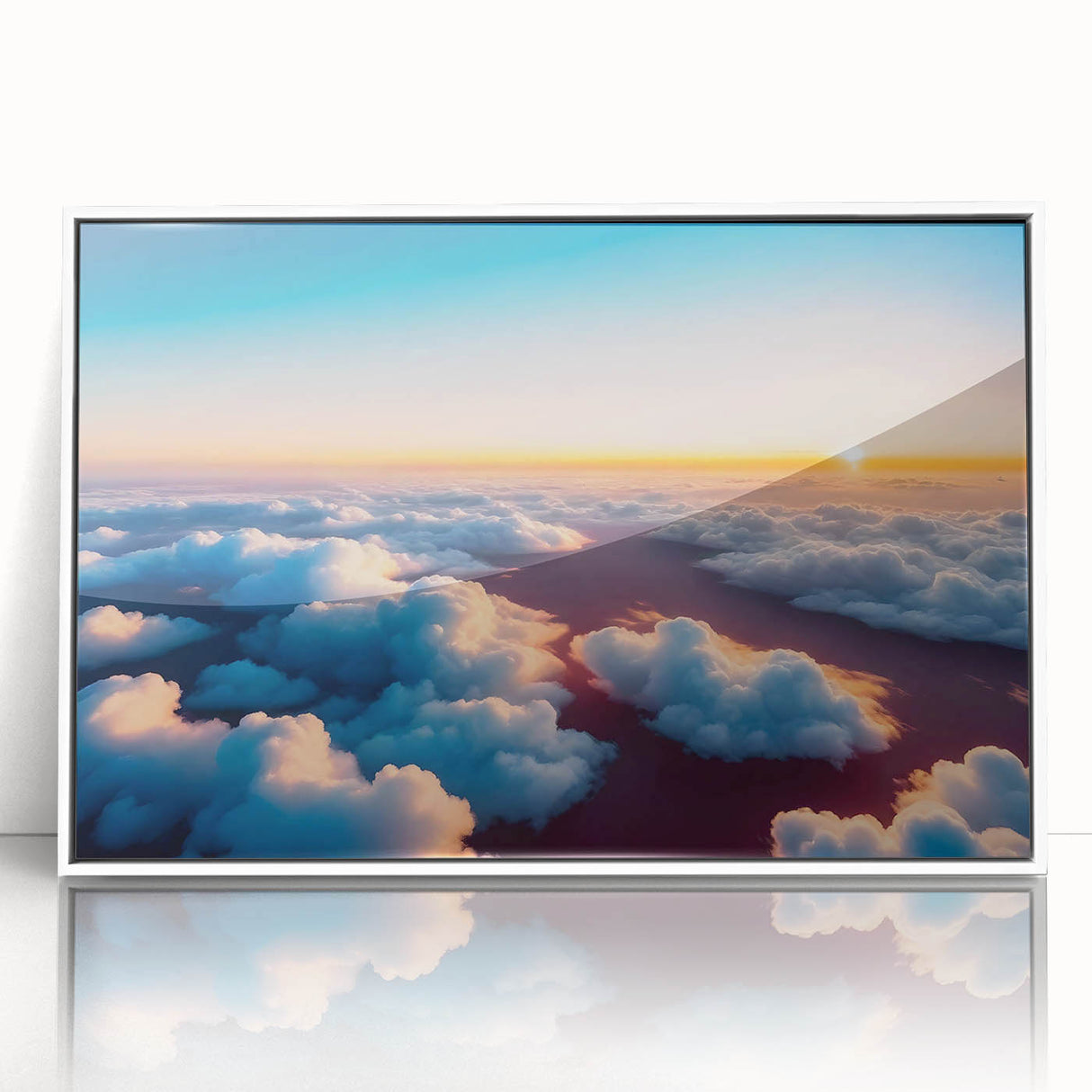 Framed landscape wall art featuring vibrant blue skies and lush green fields, designed to enhance modern decor with a contemporary acrylic finish.