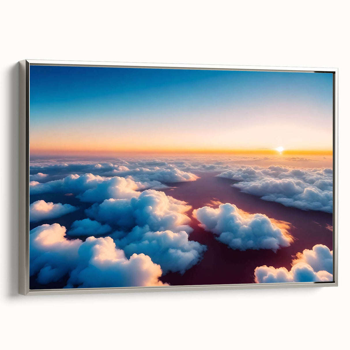 Framed canvas artwork showcasing a stunning landscape with vibrant colors and intricate details, elegantly displayed with a silver frame, perfect for modern home decor.
