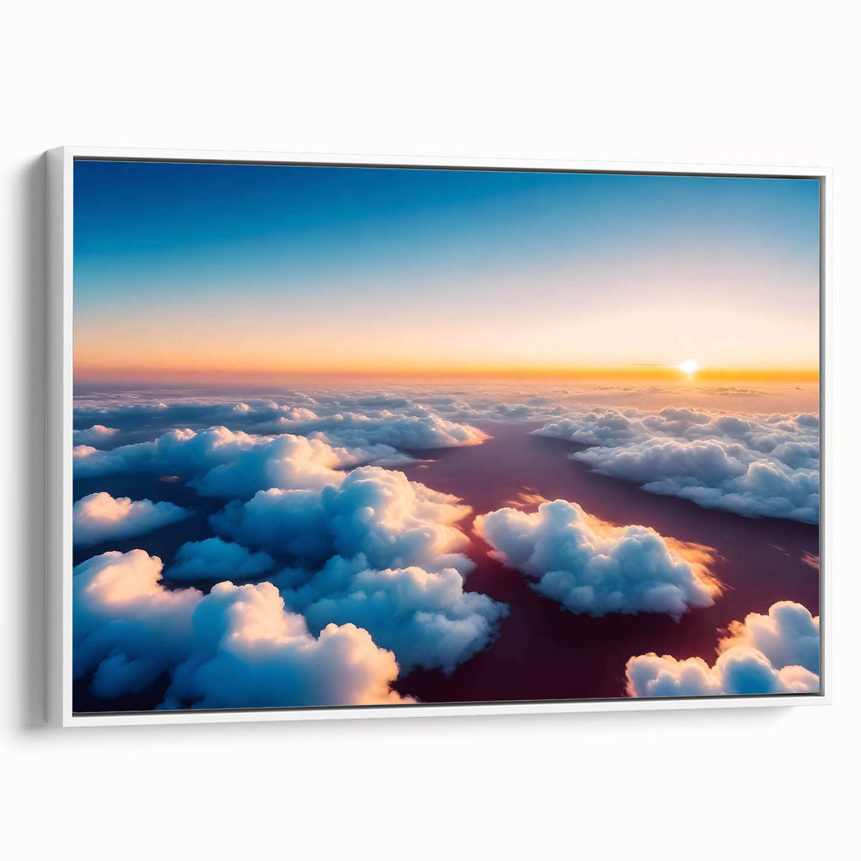 Framed landscape wall art collection showcasing a serene skyscape design with soft pastel colors, displayed against a white background for modern decor.