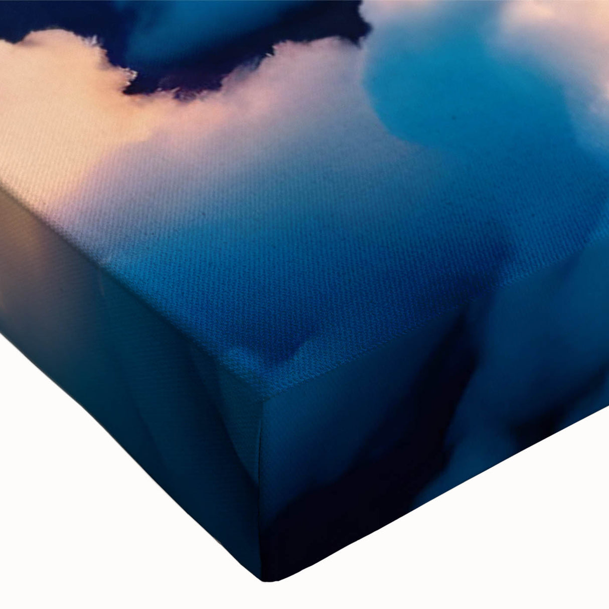 Close-up of a stretched canvas wall art piece showcasing a vibrant landscape design with swirling colors, ideal for modern home decor. The artwork features a blend of blues, greens, and warm tones, creating a serene atmosphere.