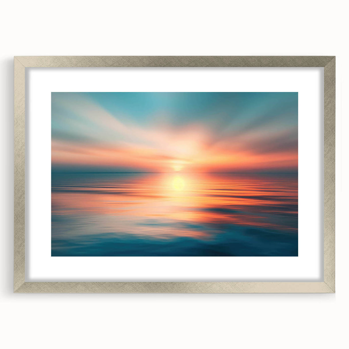 Framed silver wall art featuring a stunning landscapes and skyscapes design, complete with a white mat, ideal for enhancing modern home decor and interior aesthetics.