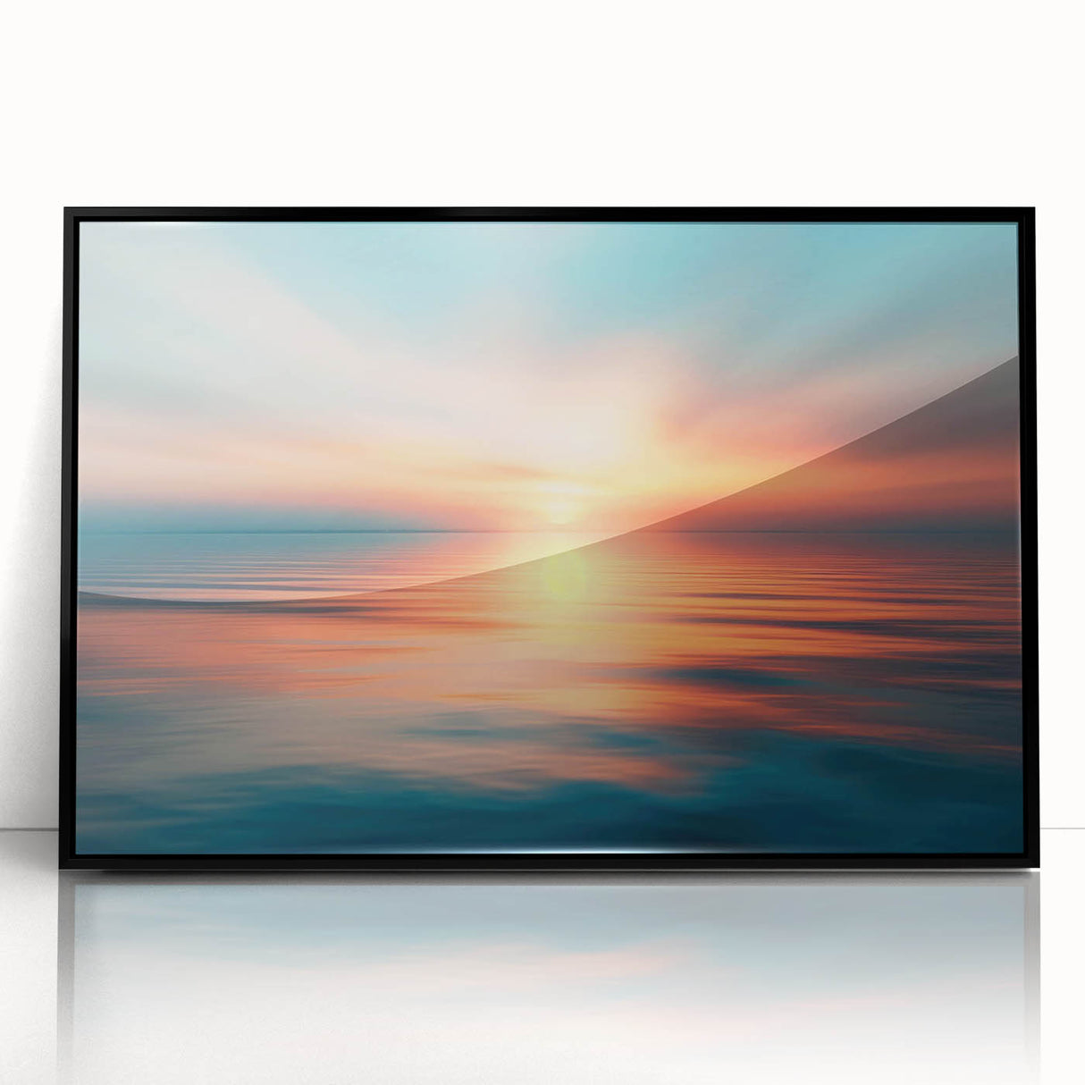 Framed acrylic wall art showcasing a vibrant skyscape design with abstract clouds and sunset hues, set in a sleek black frame, ideal for modern home decor.