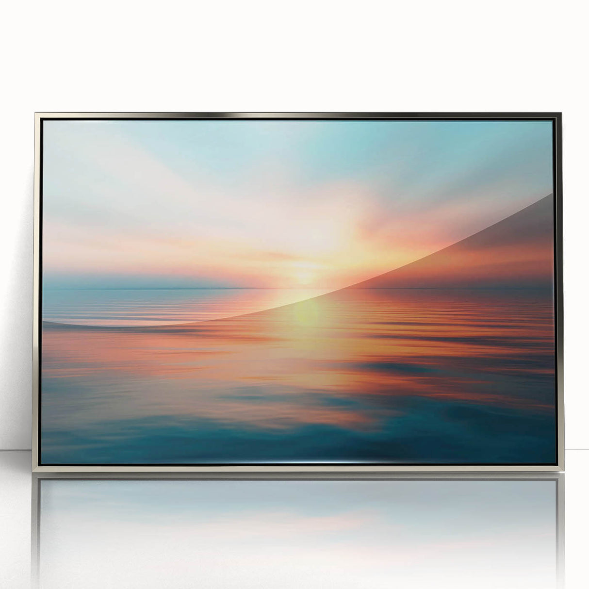 Framed acrylic wall art featuring a serene landscape with vibrant colors, showcasing a silver frame that enhances its modern aesthetic, ideal for home decor.