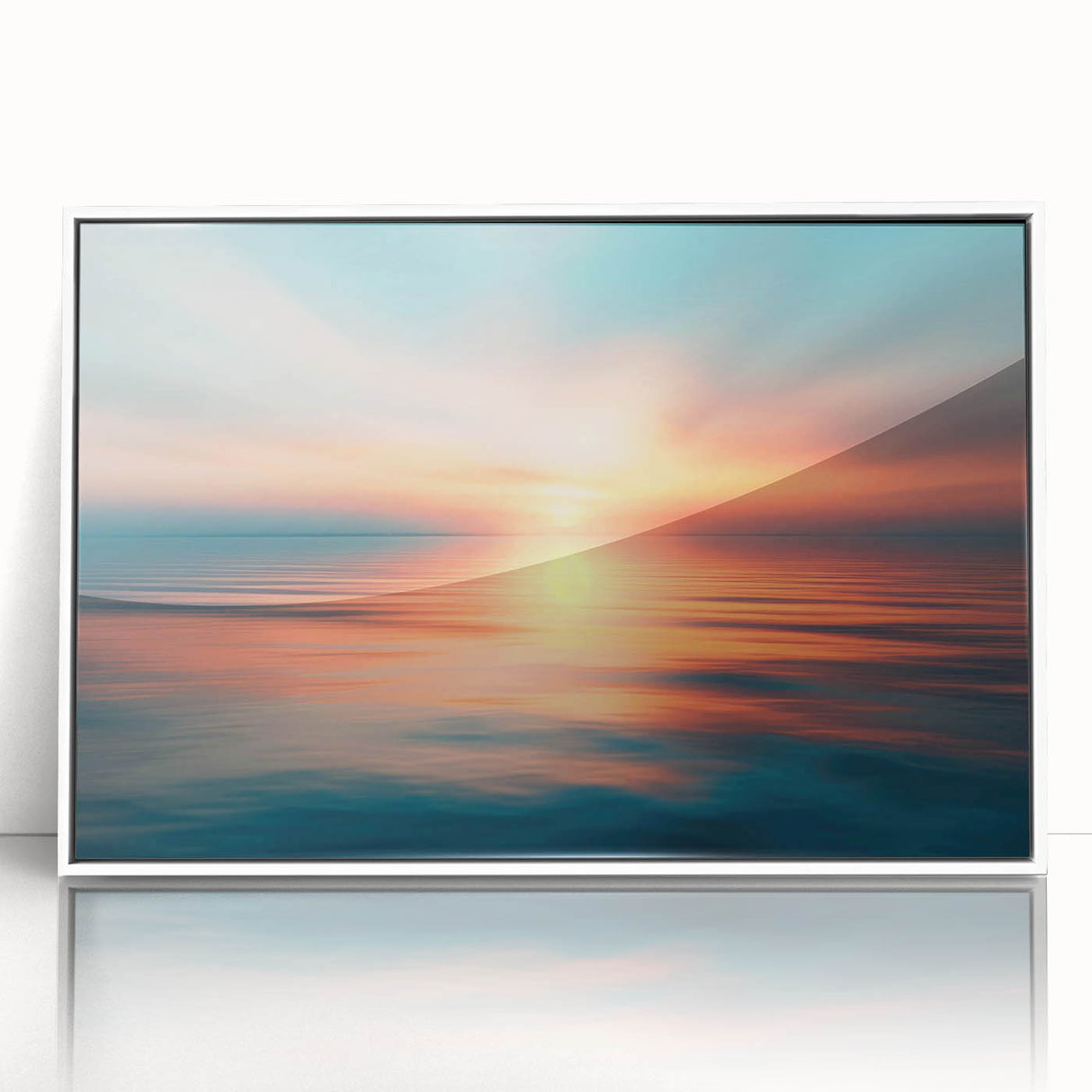 Framed wall art collection featuring a serene landscape with vibrant blue skies, set in a sleek white frame, perfect for modern home decor. The acrylic finish enhances colors, adding a contemporary touch to any room.