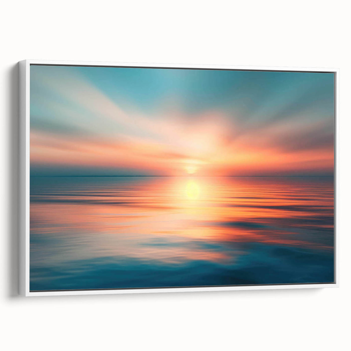 Framed canvas artwork showcasing a serene landscape with vivid colors, featuring a white frame and side view, perfect for enhancing interior decor with natural beauty.