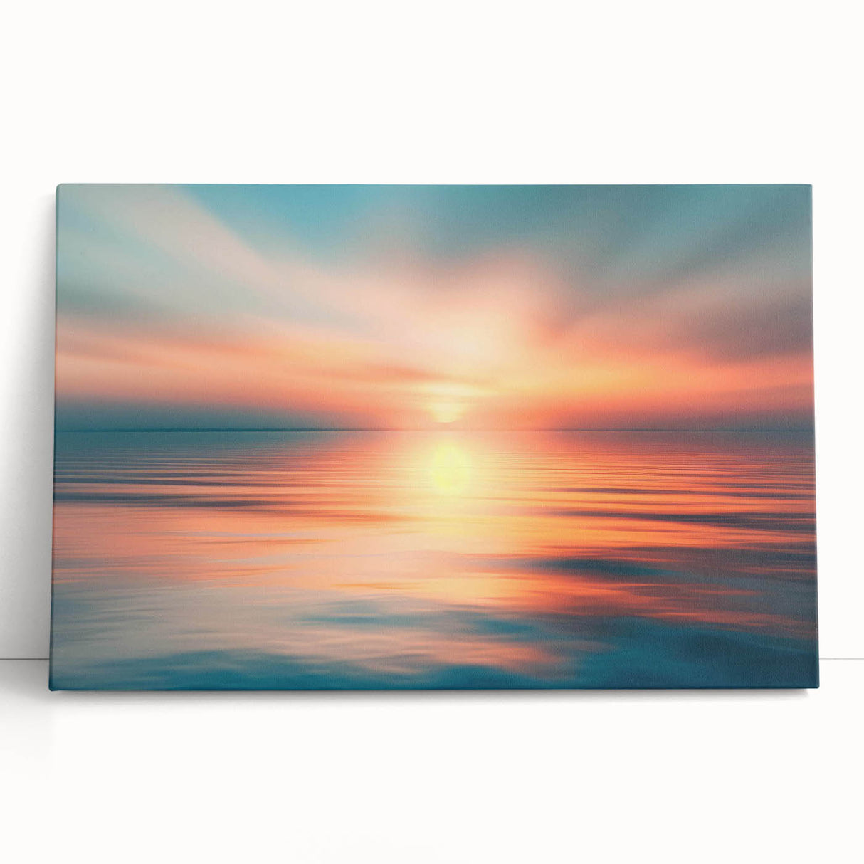 Stretched canvas wall art featuring a vibrant landscape scene with soft clouds and a colorful sunset, leaning against a neutral wall for display.