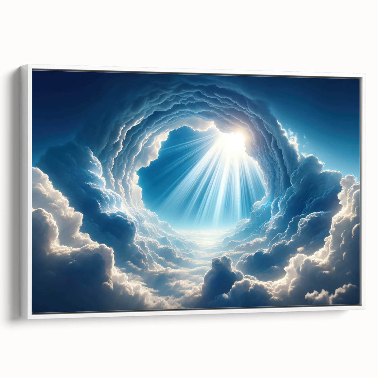 Framed canvas wall art showcasing a serene landscape with vibrant blue skies and lush greenery, presented in a sleek white frame, perfect for modern home decor.