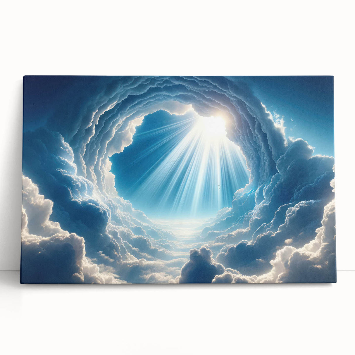 Stretched canvas wall art featuring a vibrant landscape design with a sunset over mountains, leaning against a neutral wall, perfect for home decor.