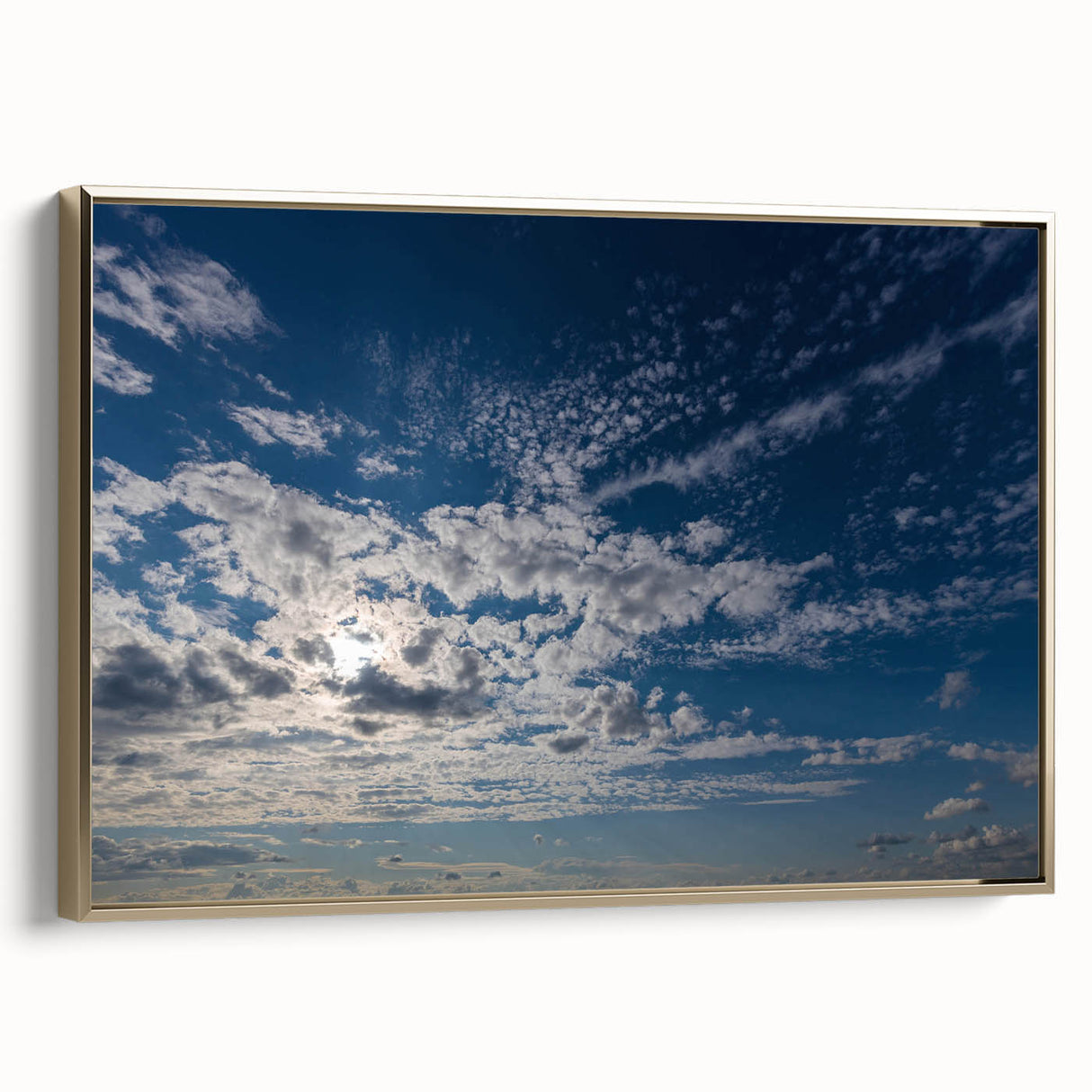 Framed canvas wall art collection showcasing a stunning landscape and skyscape design in rich colors, featuring a gold frame for an elegant touch.