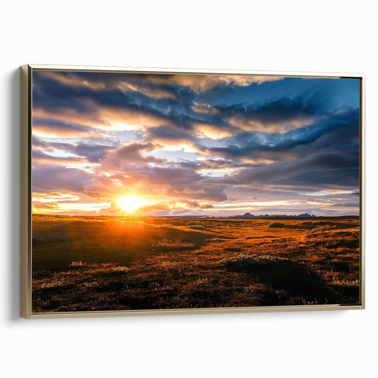Framed canvas wall art from the Landscapes Skyscapes collection, showcasing a serene landscape with vibrant colors and gold accents, perfect for home decor.