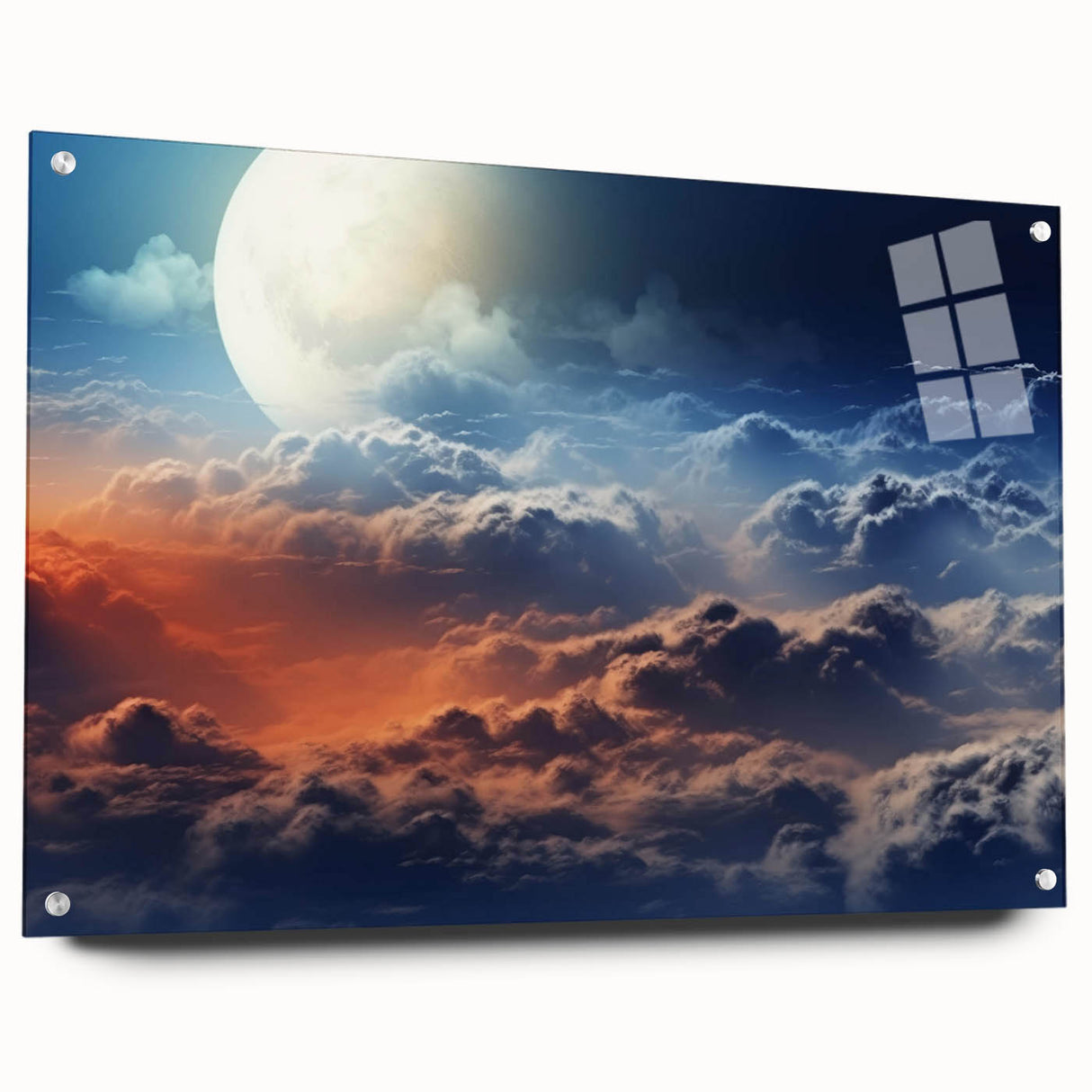 Acrylic glass wall art collection showcasing a vibrant landscapes and skyscapes design, displayed from the side with decorative pins for a modern aesthetic. Perfect for enhancing interior decor.