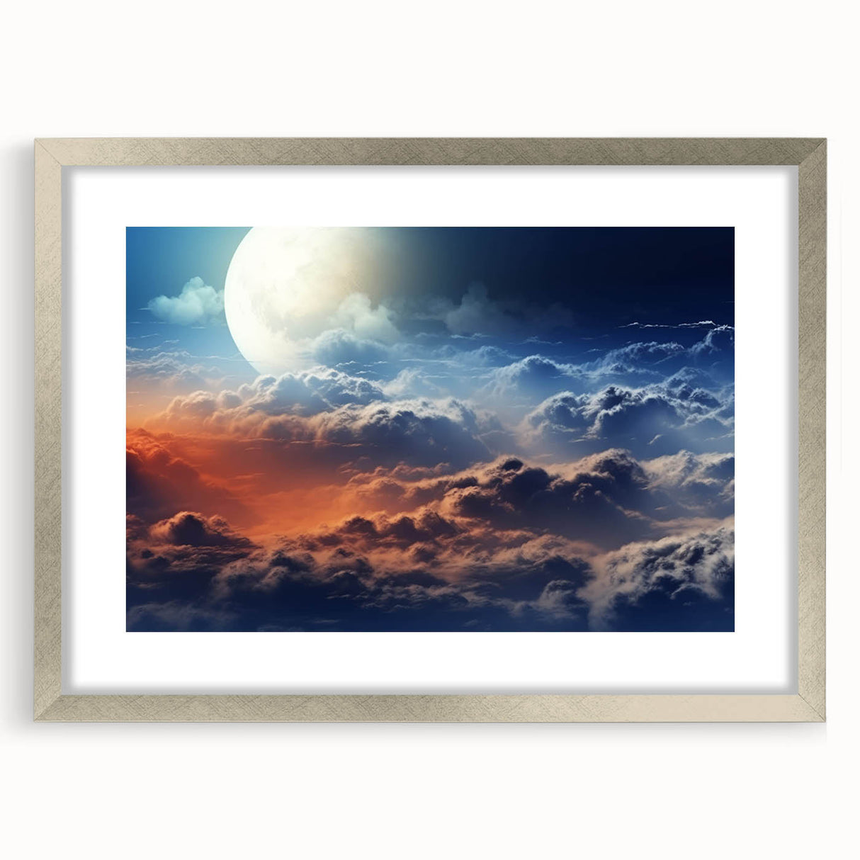 Framed wall art collection showcasing vibrant landscapes and skyscapes in silver matting, perfect for home decor, enhancing any living space with color and depth.