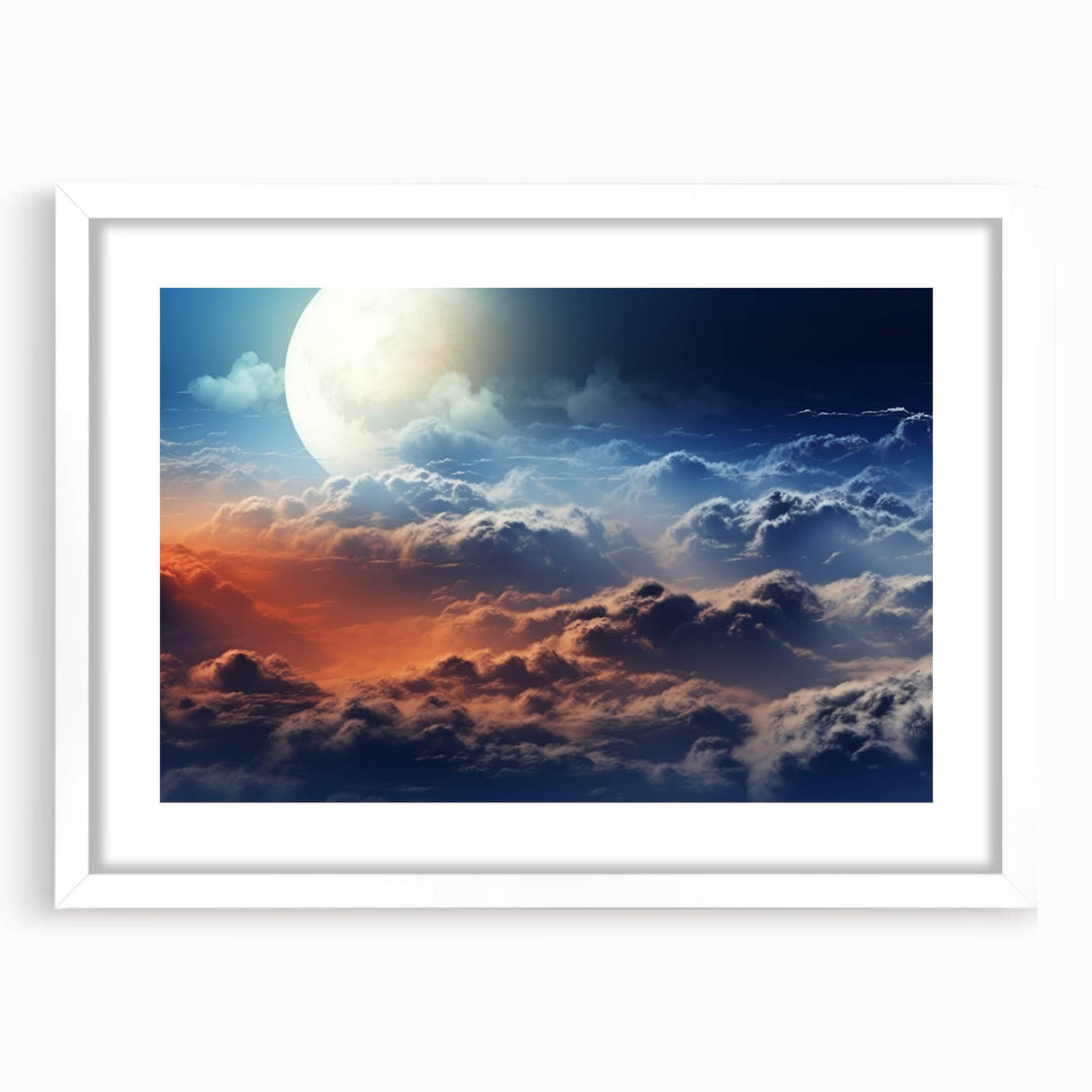 Framed wall art collection showcasing serene landscapes and skyscapes in a white mat, perfect for home decor, enhancing any room's ambiance.