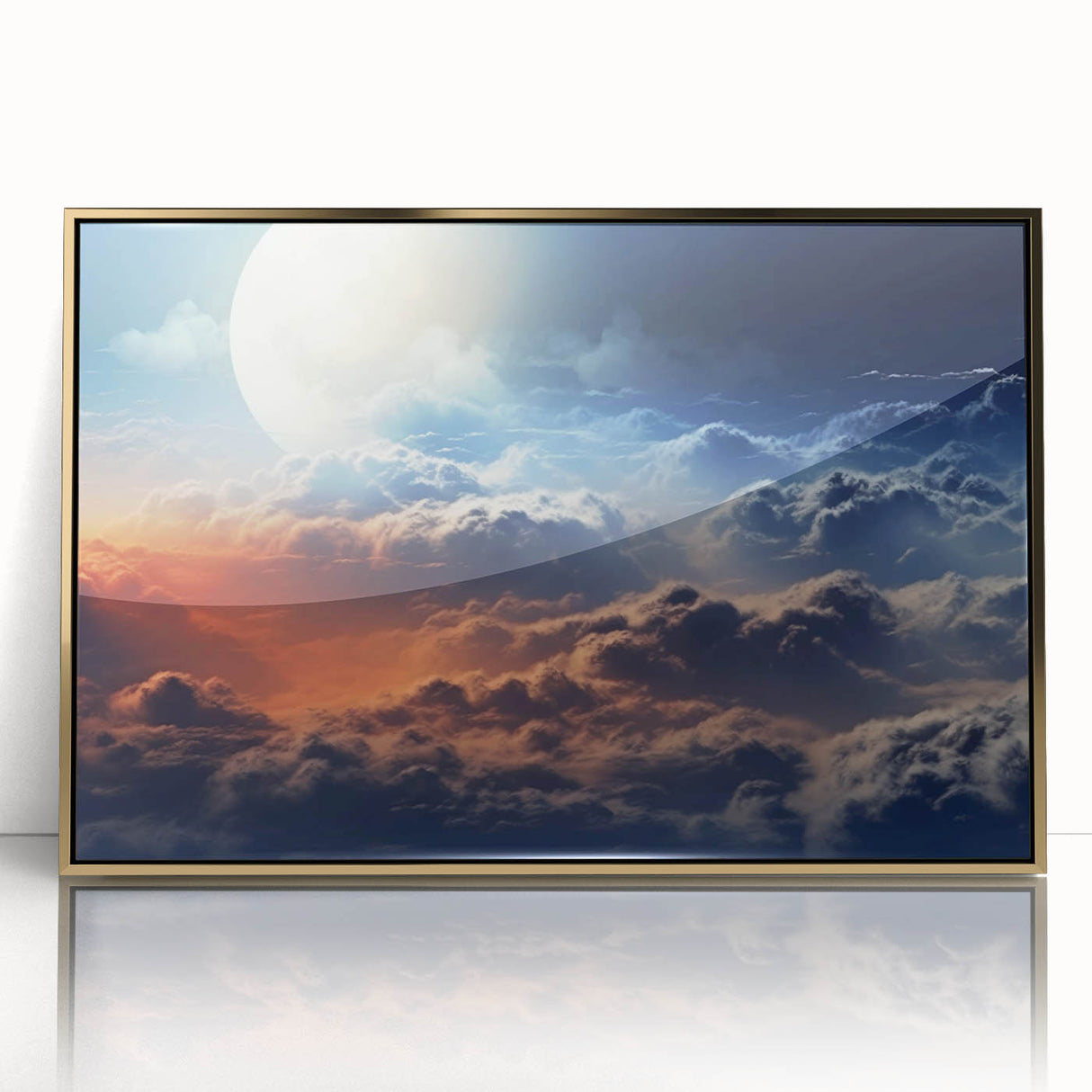 Framed wall art showcasing a vibrant skyscape design with gold accents, perfect for home decor. This acrylic piece adds a touch of elegance to any space.