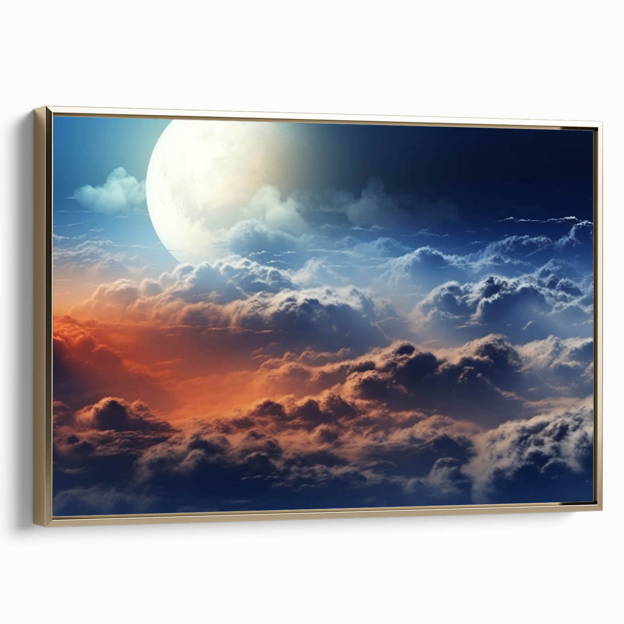 Framed canvas wall art showcasing a serene landscape with soft hues of blue and gold, elegantly displayed from the side in a contemporary setting, ideal for home decor.