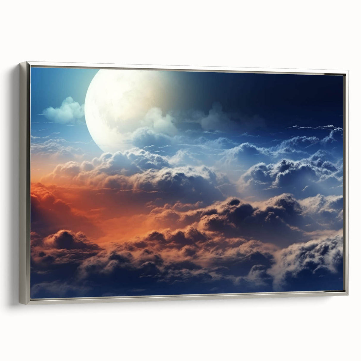 Framed canvas wall art showcasing a serene landscape with vibrant colors, silver frame, ideal for home decor, adding elegance and warmth to living spaces.