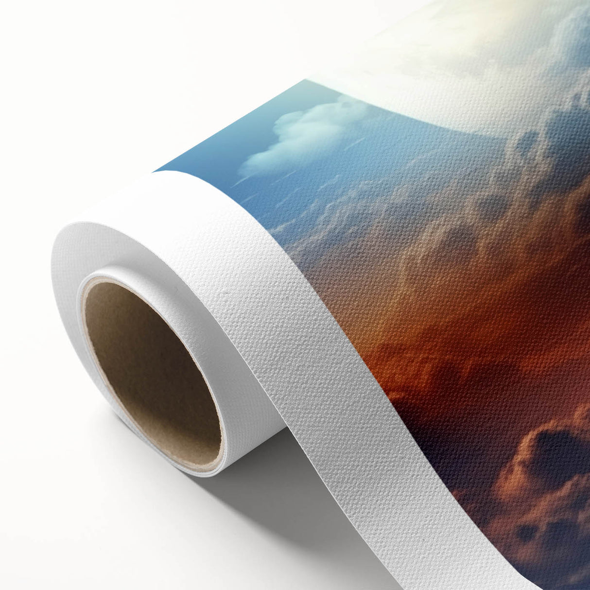 Rolled canvas art showcasing a serene landscape with vibrant colors and intricate details, presented in a protective cardboard tube for safe delivery. Ideal for enhancing home decor with a touch of nature.