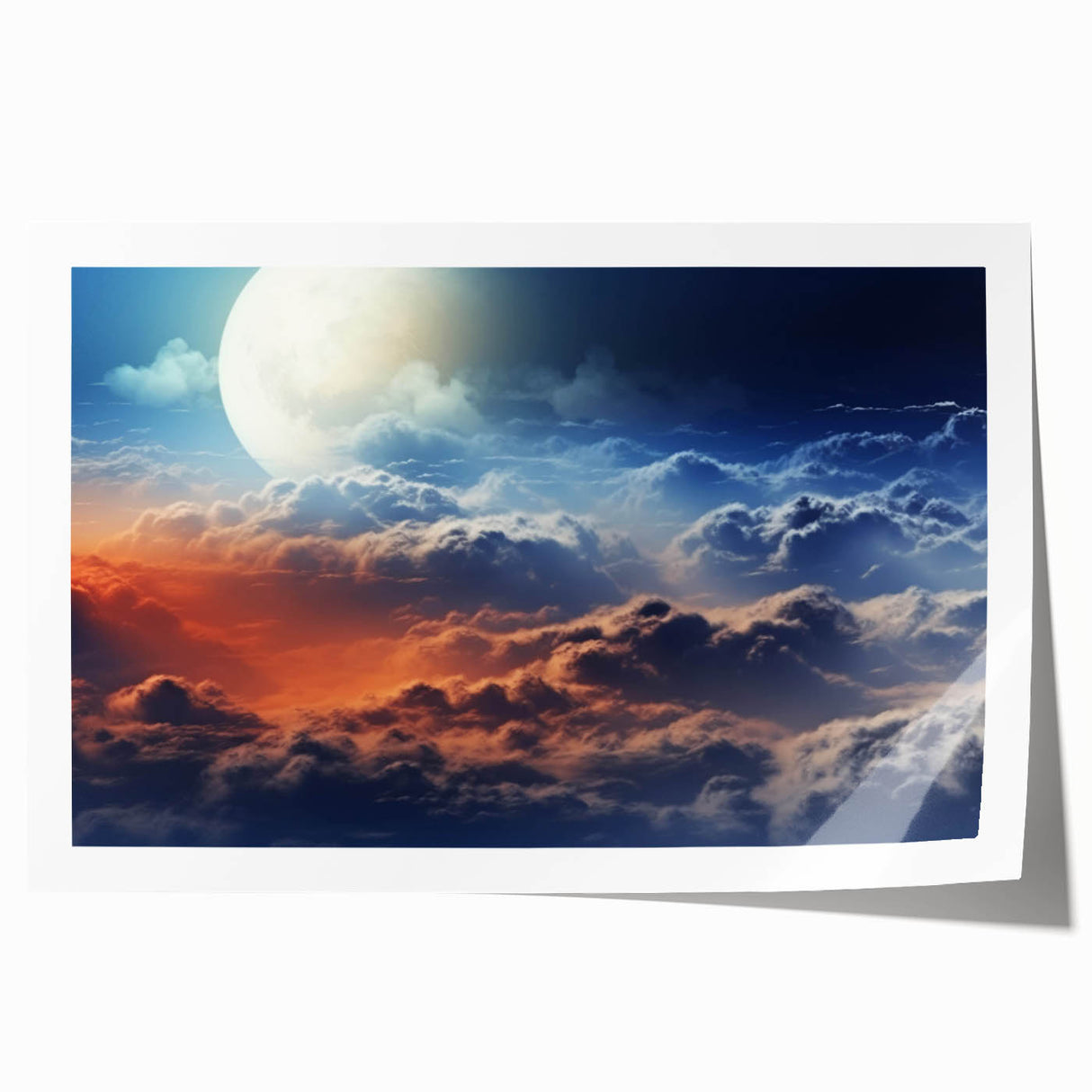 Vibrant rolled wall art print showcasing a serene landscape with colorful skies, designed for home decor, rolled in protective packaging for easy display.