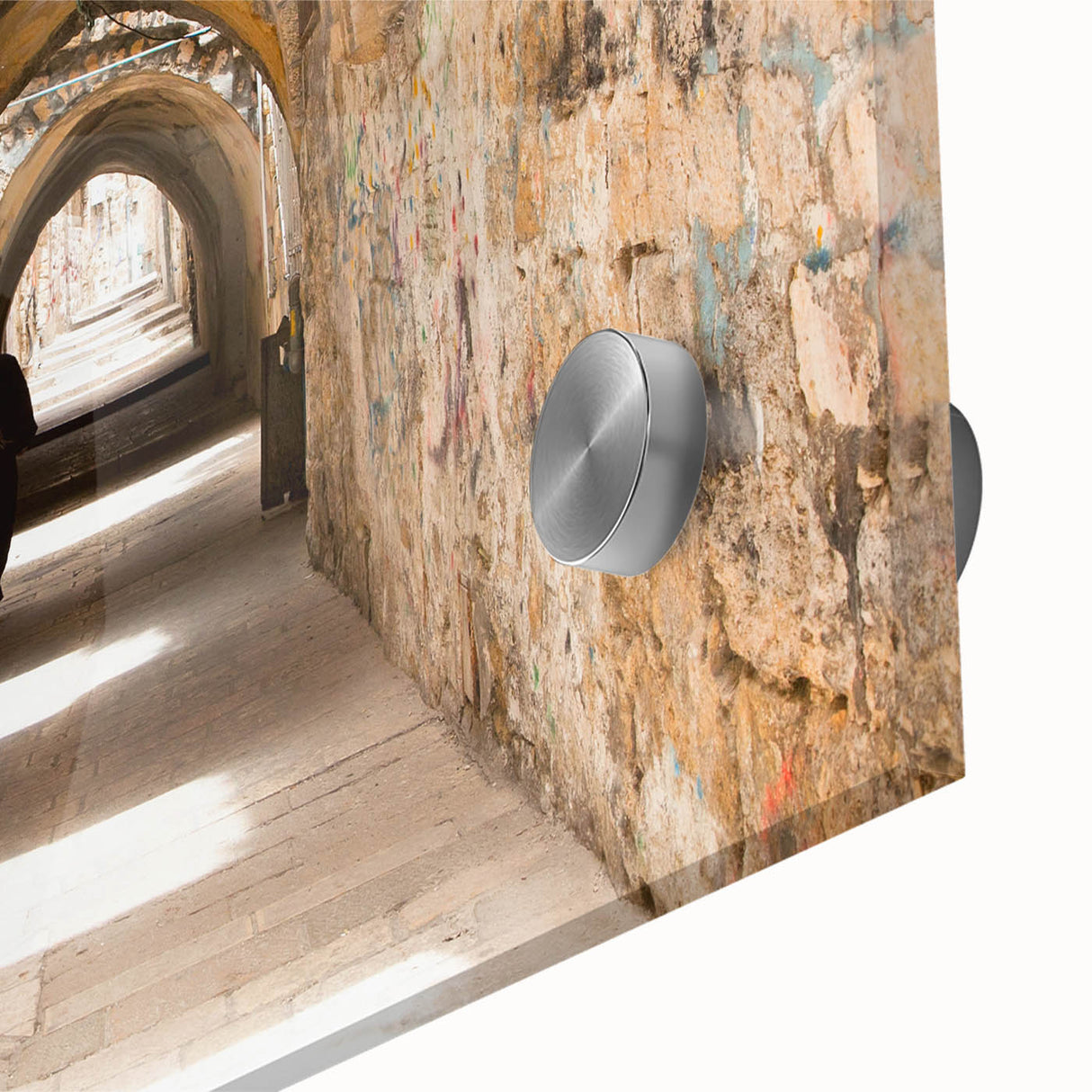 Close-up of a vibrant acrylic glass wall art piece showcasing a colorful landscape design, emphasizing intricate details and textures in bold hues, perfect for modern decor.