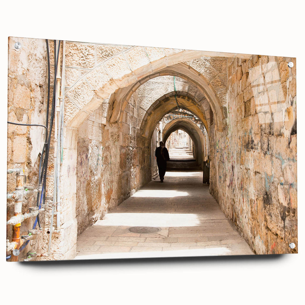 Acrylic glass wall art showcasing a vibrant street landscape design, displayed in a side view with decorative pins, ideal for modern home decor.