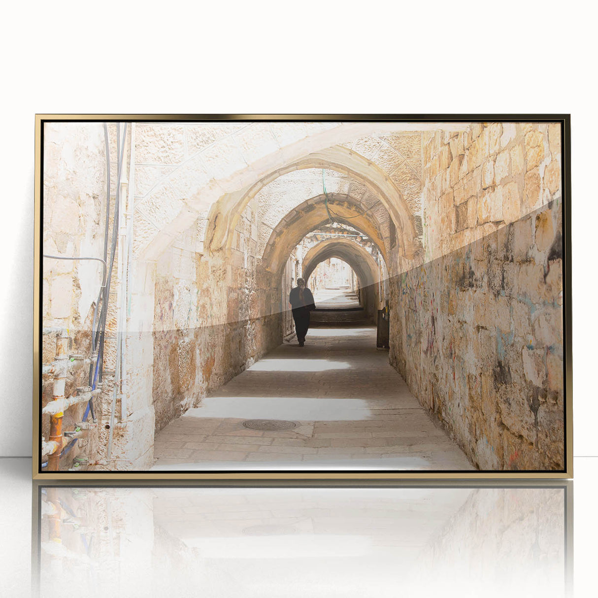 Framed acrylic wall art featuring a vibrant cityscape design with gold accents, ideal for modern home decor. Perfect for adding elegance to living spaces.