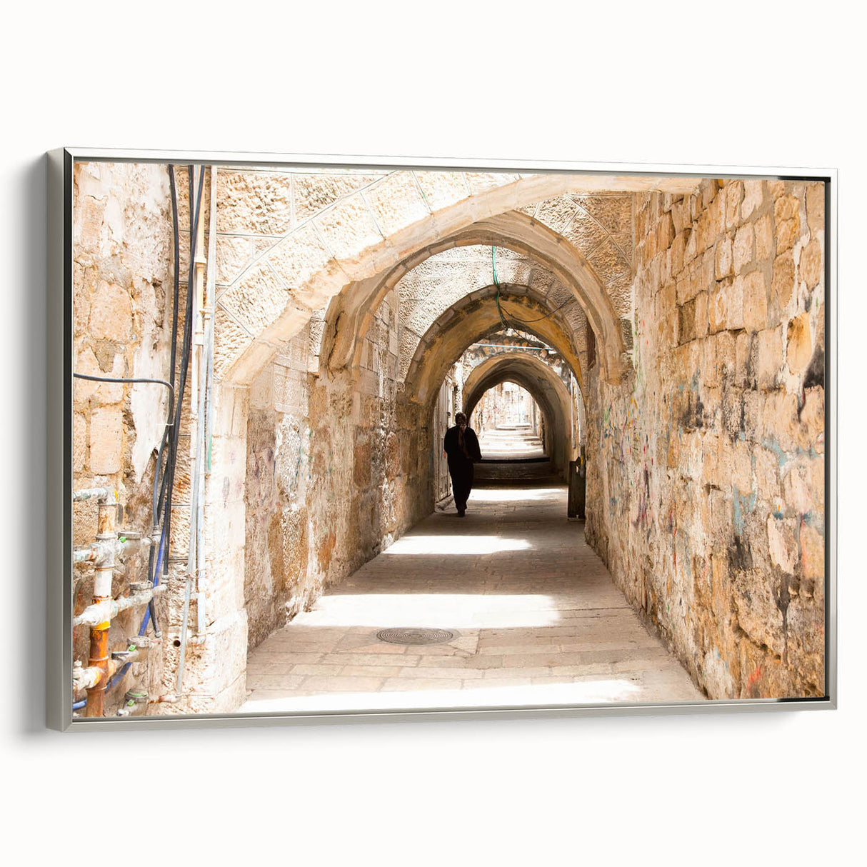 Framed canvas wall art from the Landscapes Streets Design collection, showcasing a modern silver frame with a vivid urban landscape and colorful street scenes, perfect for interior decoration.