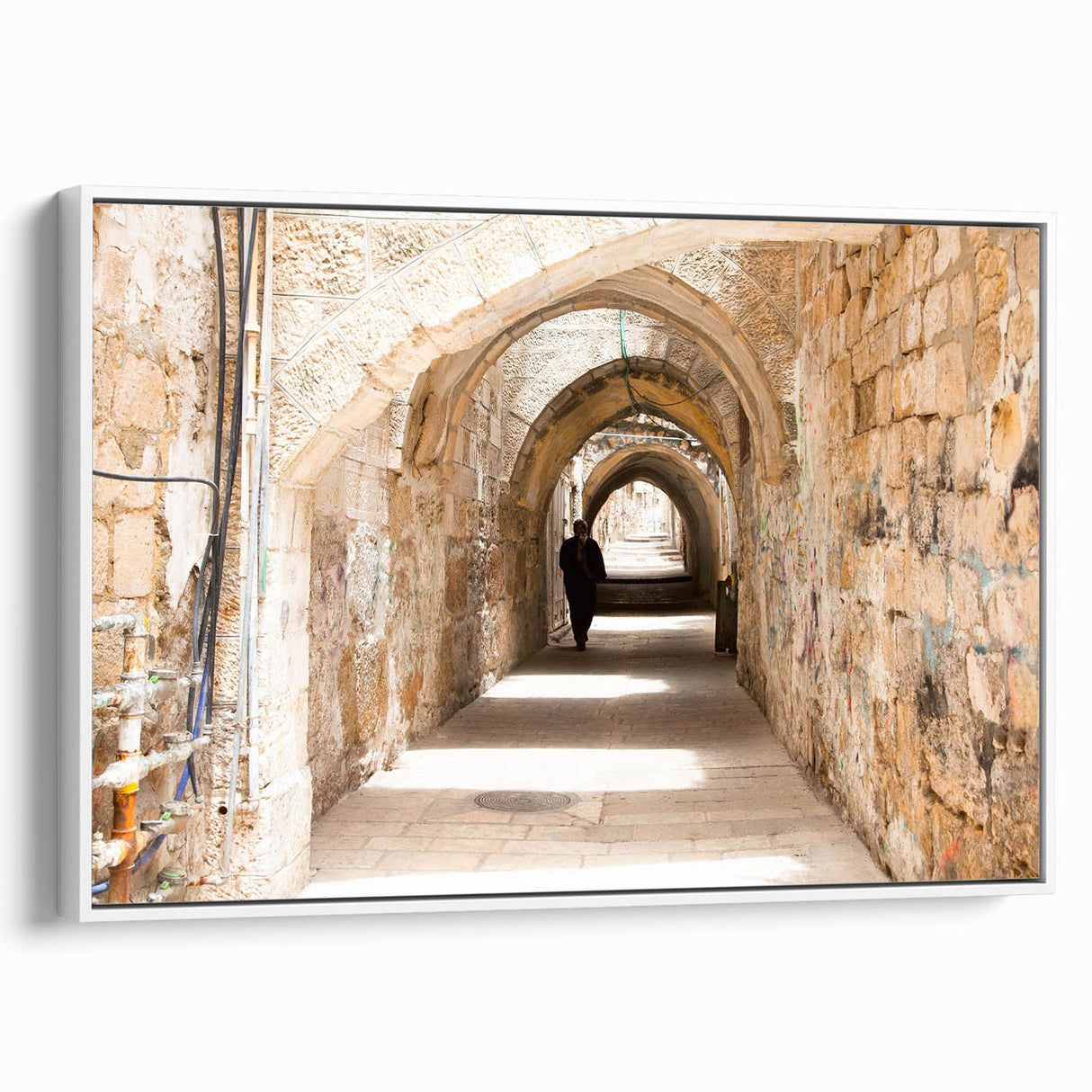 Framed canvas wall art showcasing a serene landscape street design in soft pastel colors, featuring a white frame and side view display, perfect for home decor.