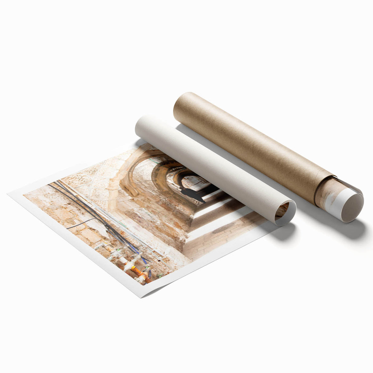 Rolled canvas print showcasing an abstract landscape design with vibrant colors, elegantly packaged in a durable cardboard tube for secure delivery. Ideal for home decor enthusiasts seeking modern wall art.