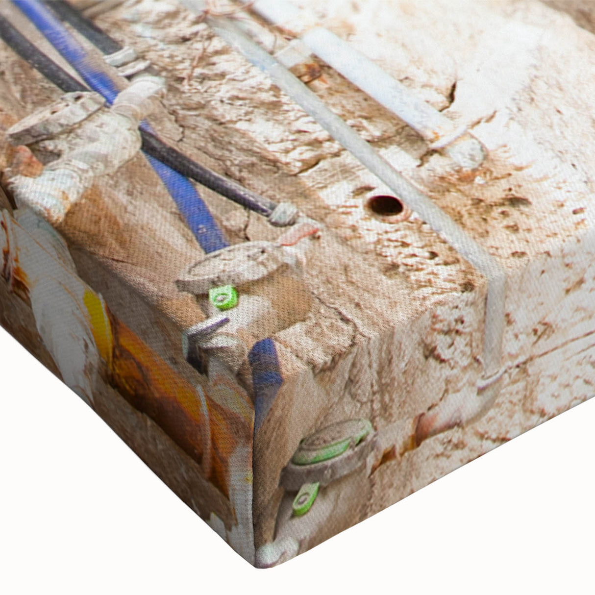 Close-up of a vibrant stretched canvas featuring an abstract street landscape design in bold colors, perfect for modern home decor or gallery walls.