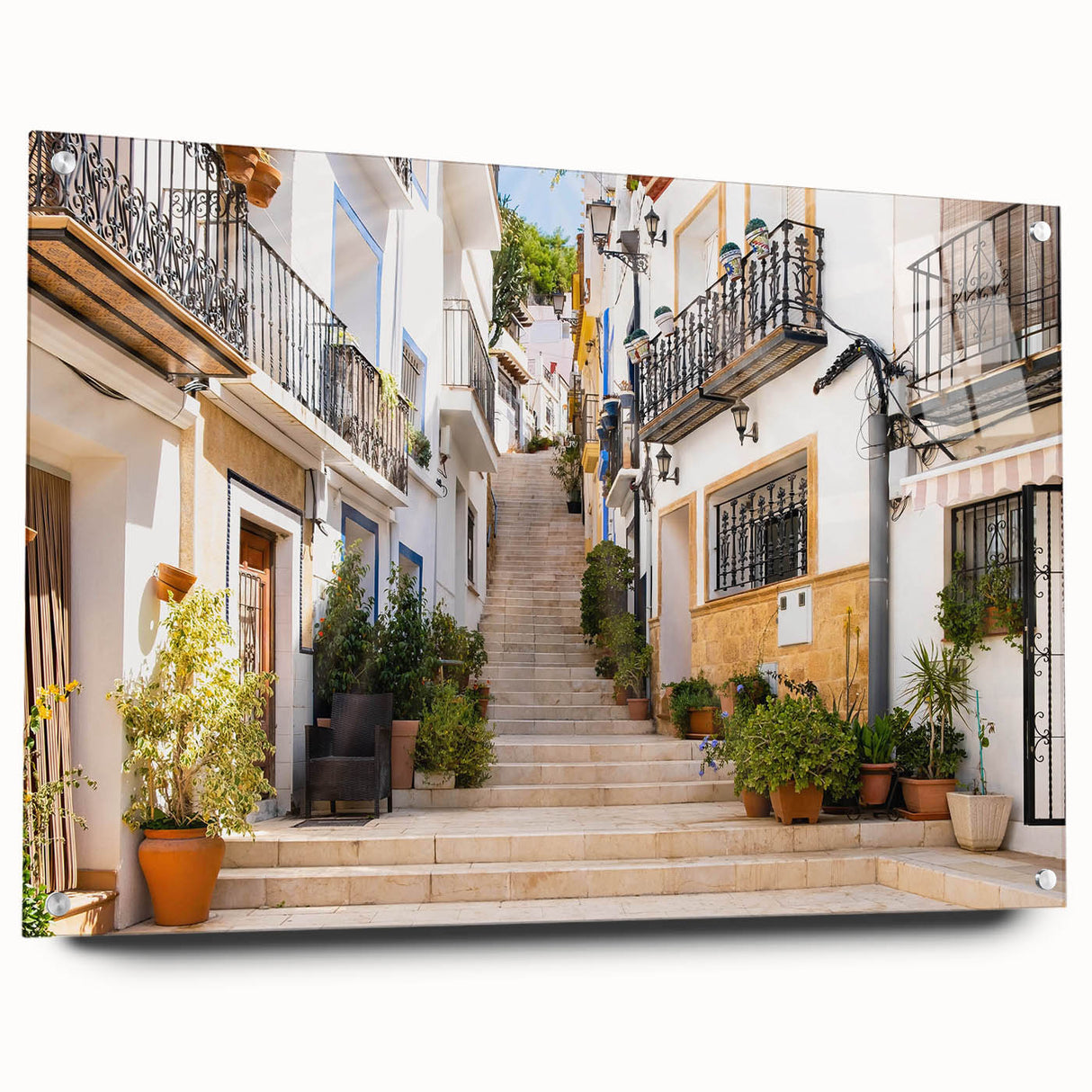 Acrylic wall art design showcasing a vibrant street landscape with intricate details, displayed in a side view and accented with decorative pins. Perfect for modern home decor.