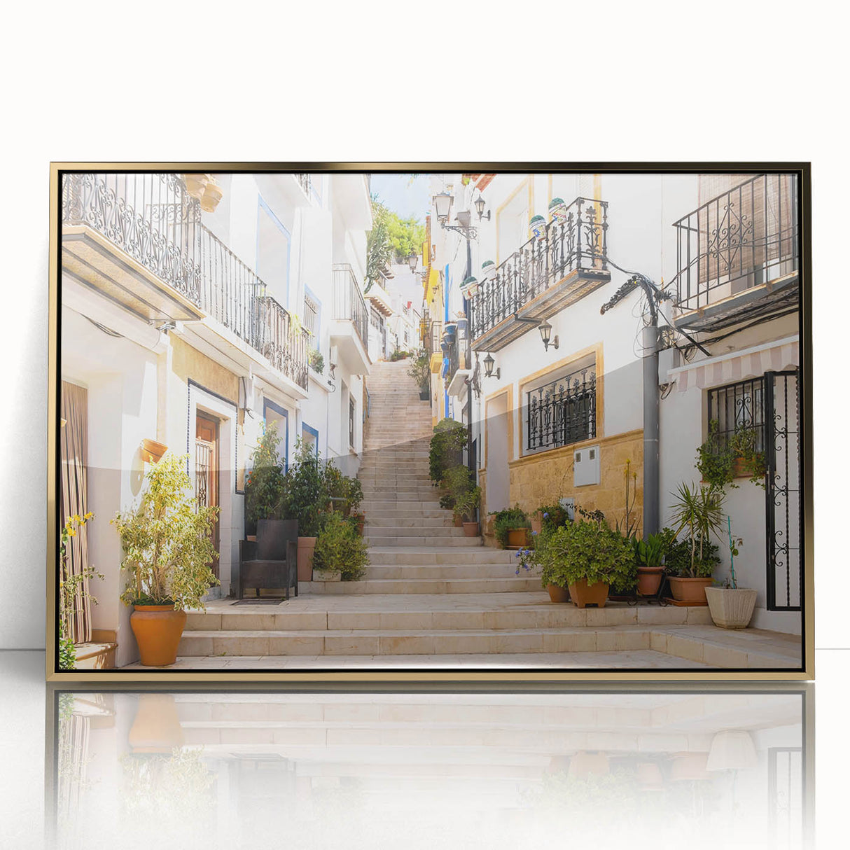 Framed wall art collection showcasing a vibrant street landscape design with gold accents, displayed in an elegant acrylic frame, perfect for modern home decor.