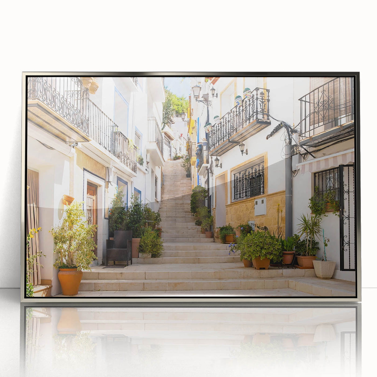 Framed acrylic wall art showcasing a contemporary street landscape design with silver accents, perfect for modern home decor. Ideal for enhancing living spaces.