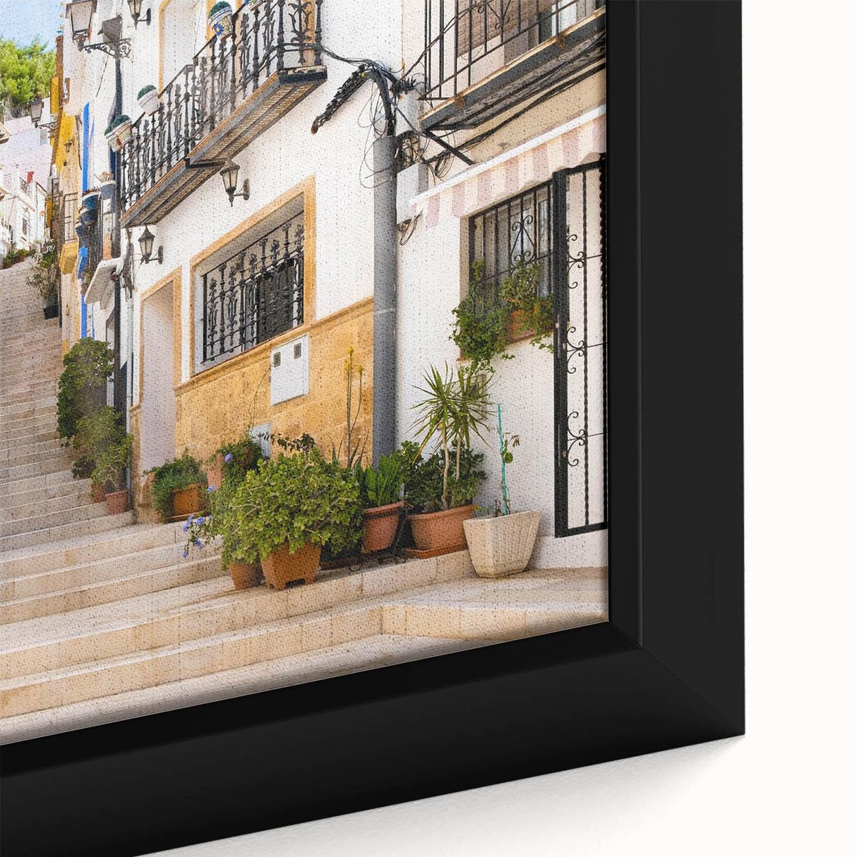 Framed canvas print showcasing a vibrant cityscape design, featuring rich colors and intricate architectural details, perfect for modern home décor.