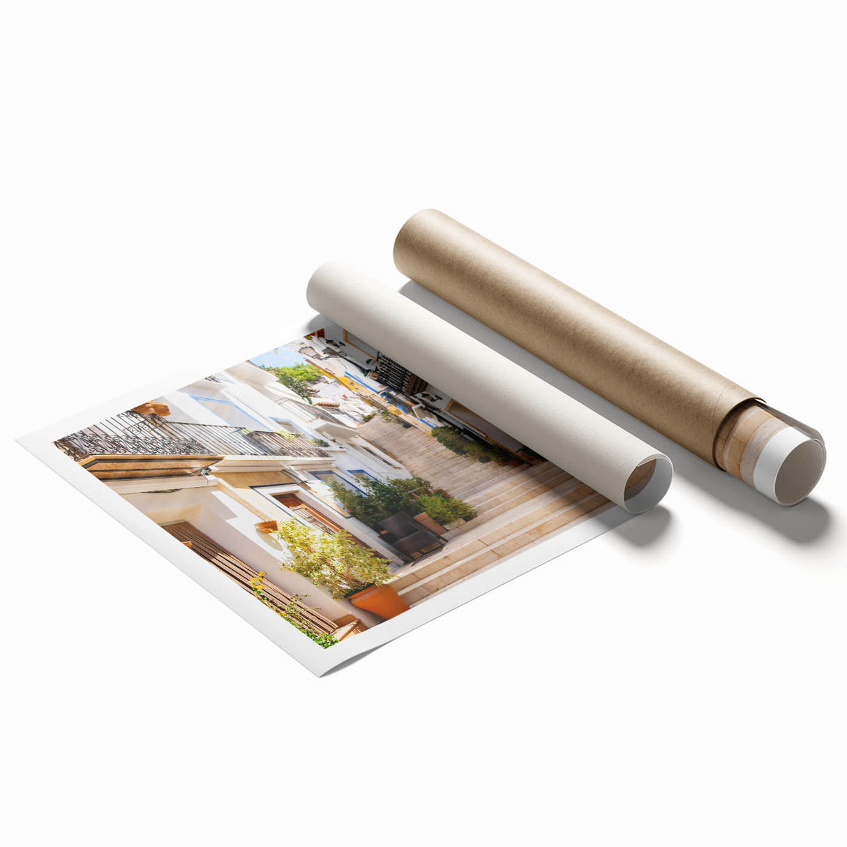 Rolled print showcasing a vibrant urban landscape design with colorful streets and buildings, ideal for modern home decor. Packaged securely in a cardboard tube.
