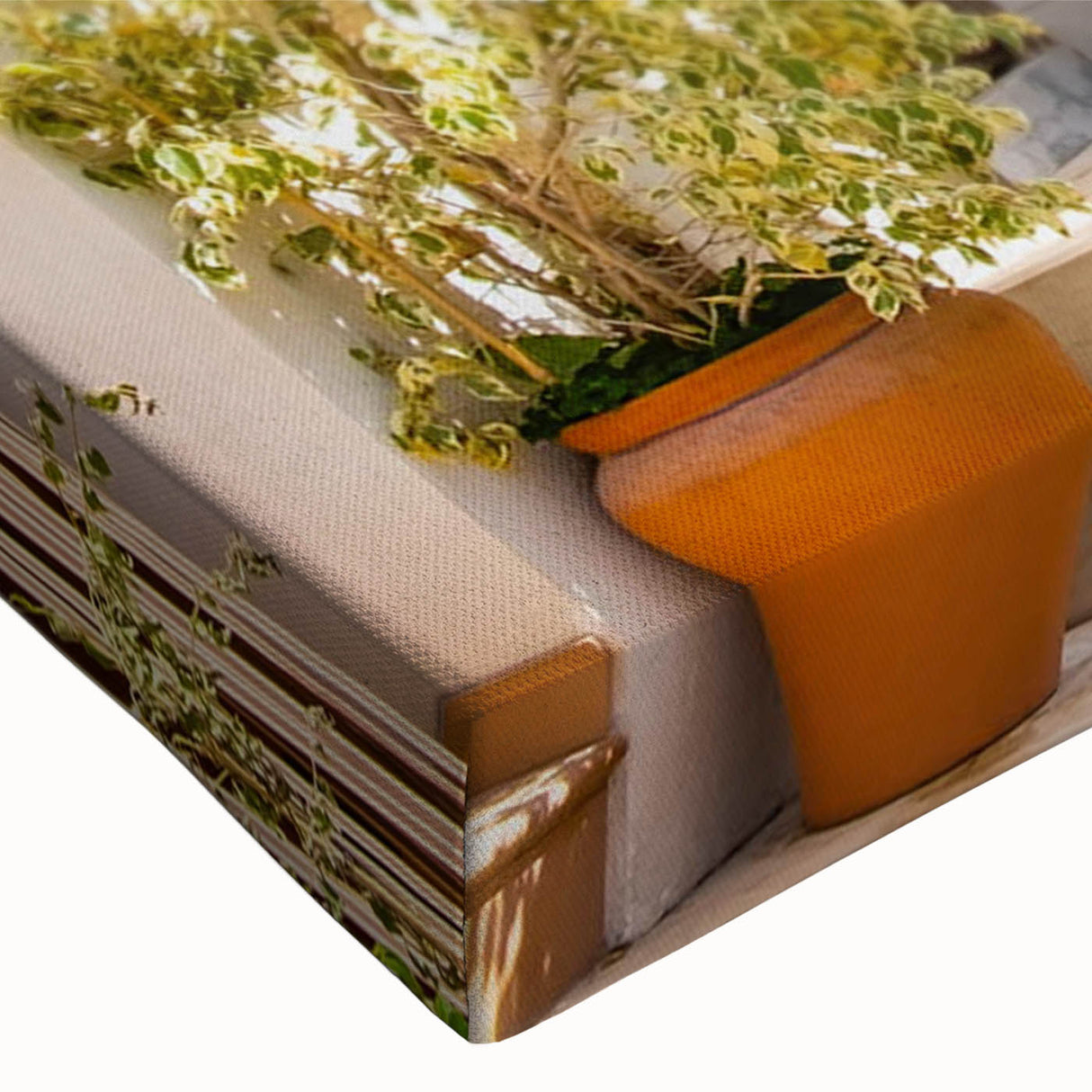 Close-up of a stretched canvas featuring a vibrant landscape design with abstract street elements, showcasing rich colors and intricate details, perfect for modern home decor.