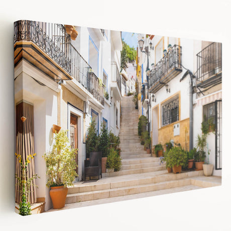 Stretched canvas wall art featuring a vibrant landscape design with rich colors, showcasing a serene street scene, perfect for home decor. Ideal for art enthusiasts seeking unique, eye-catching decor elements.