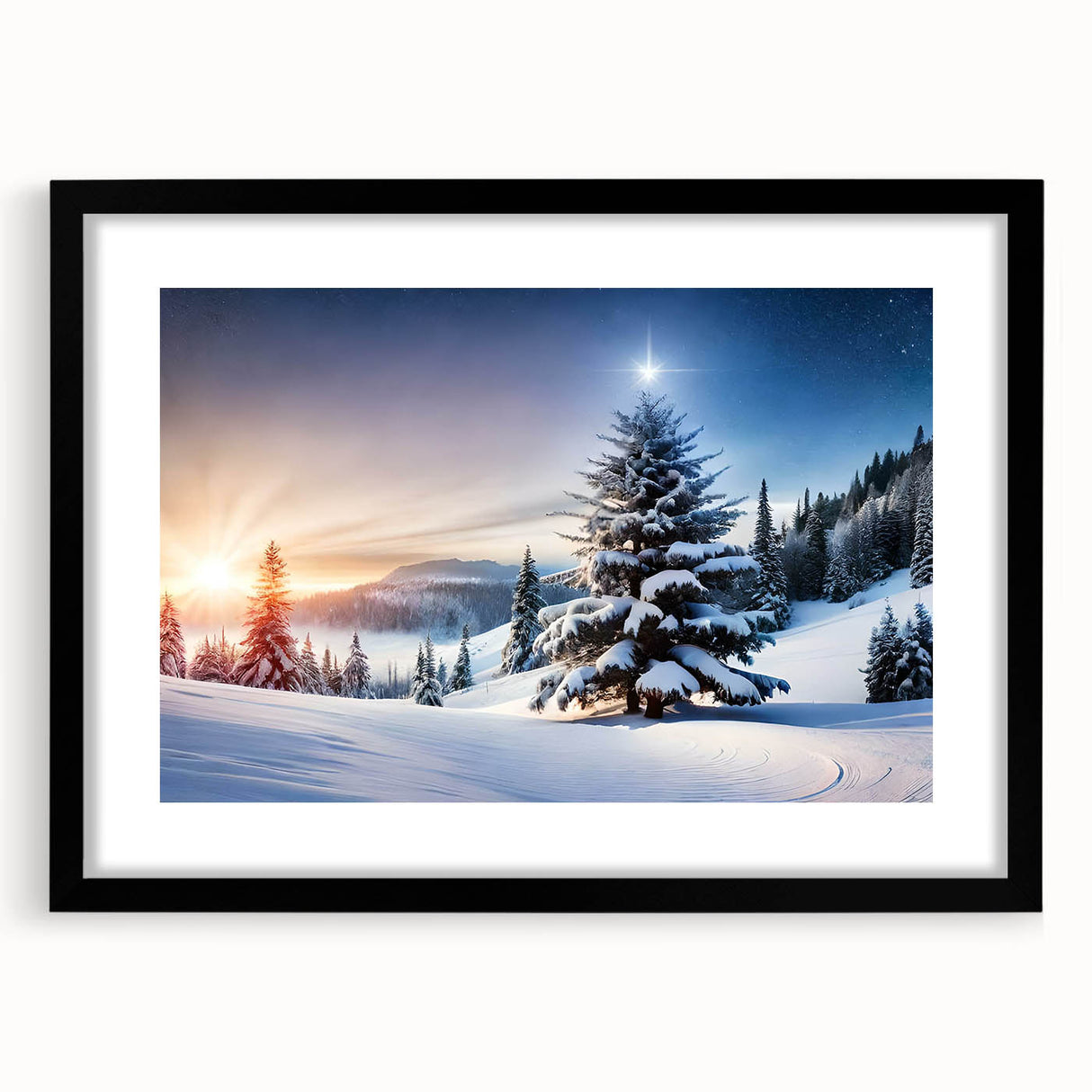 Framed wall art showcasing a serene landscape with trees in a black frame and mat, designed to enhance home decor with nature-inspired elegance.