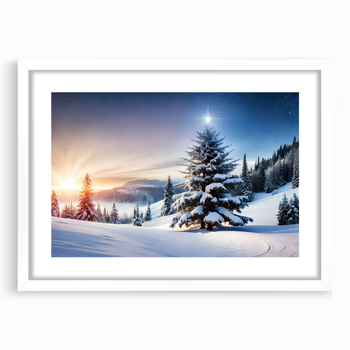 Framed wall art featuring a serene landscape with trees, showcasing a white mat and modern design, ideal for home decor and adding a natural touch to interiors.