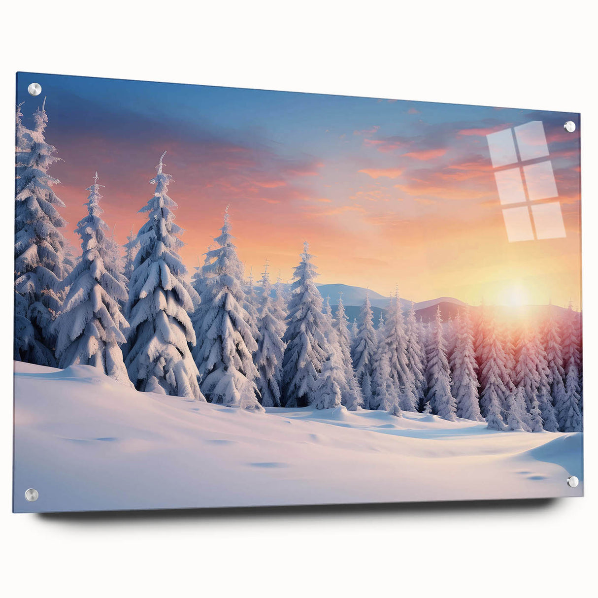 Side view of a vibrant acrylic wall art piece featuring a serene landscape with trees, designed for modern decor, highlighted by sleek pins for easy display.